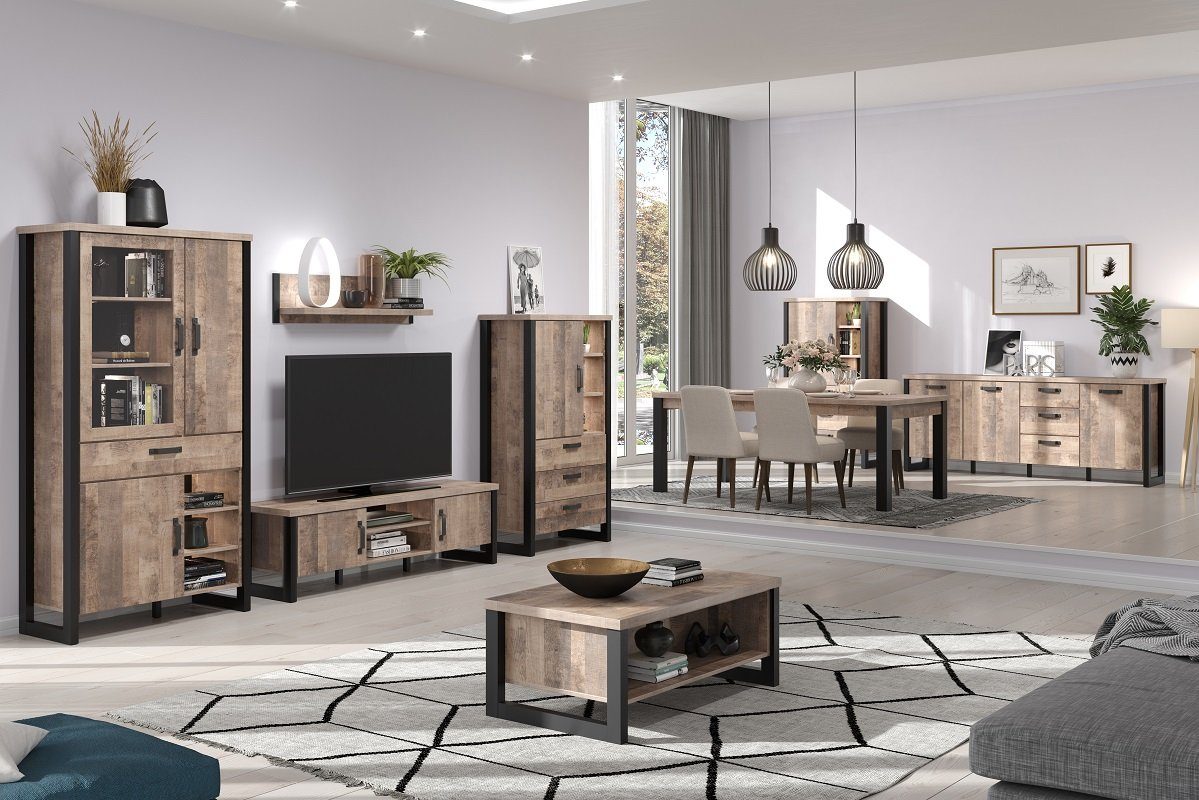 trendteam Wohnwand Wohnwand Anbauwand Emile 1, Eiche Tabak / Schwarz, 4-teilig, (4-St)