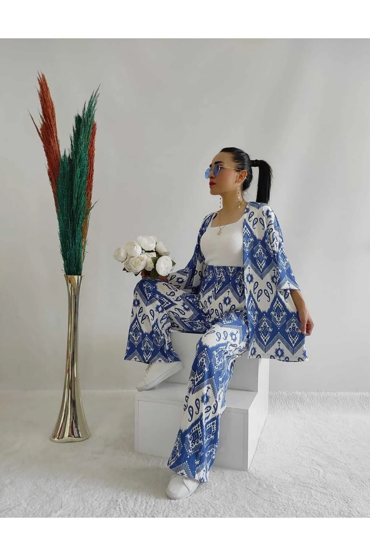 ZF BUTİK  Größe 10 Modisches gemustertes Doppel-Kimono-Set (bequeme Passform) 10nmr170