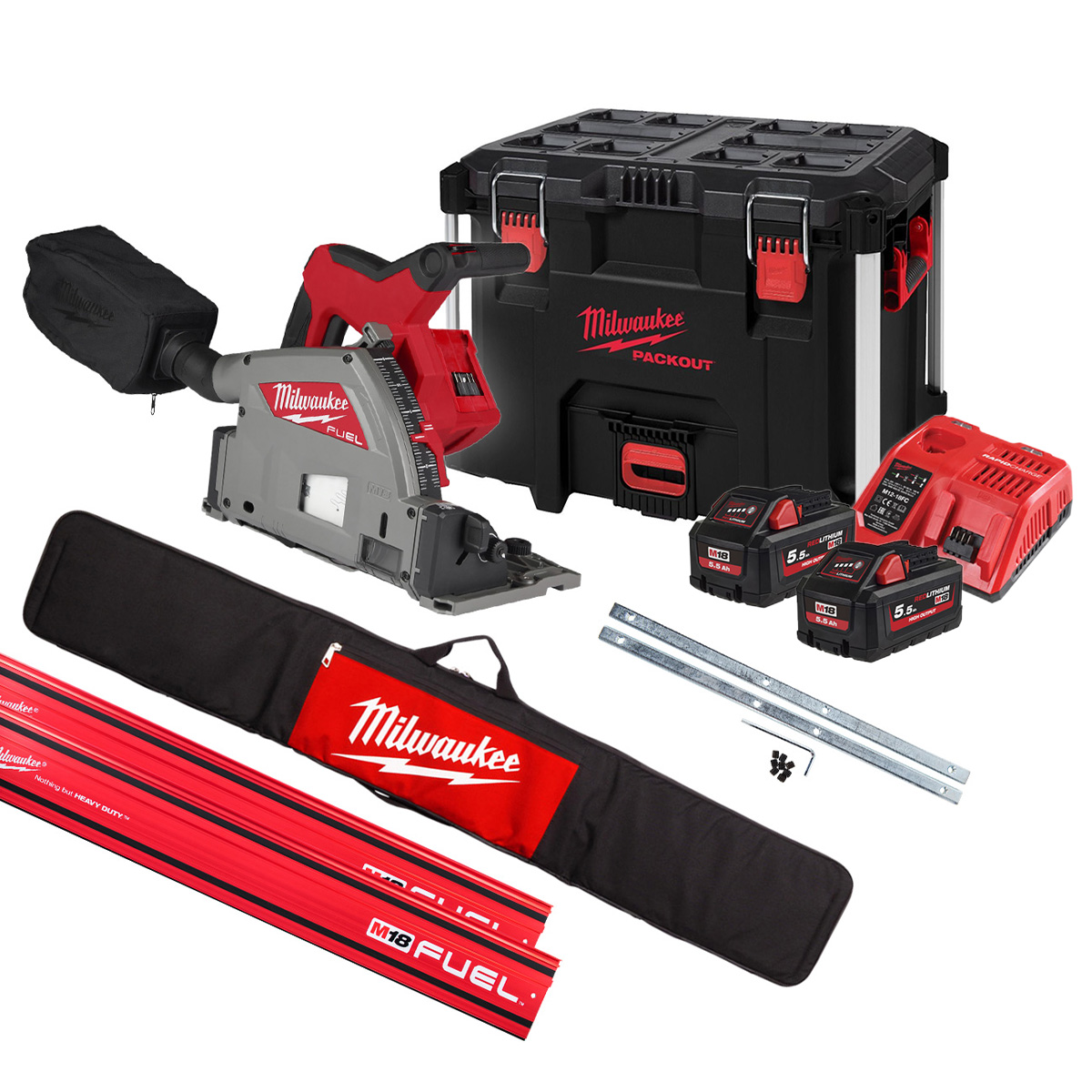 Milwaukee M18FPS55-552PSET akumulatorska potopna žaga 18V 5,5Ah Li-Ion + 2 x vodilni tirnici 1400 mm + objemke + torba v škatli PACKOUT™