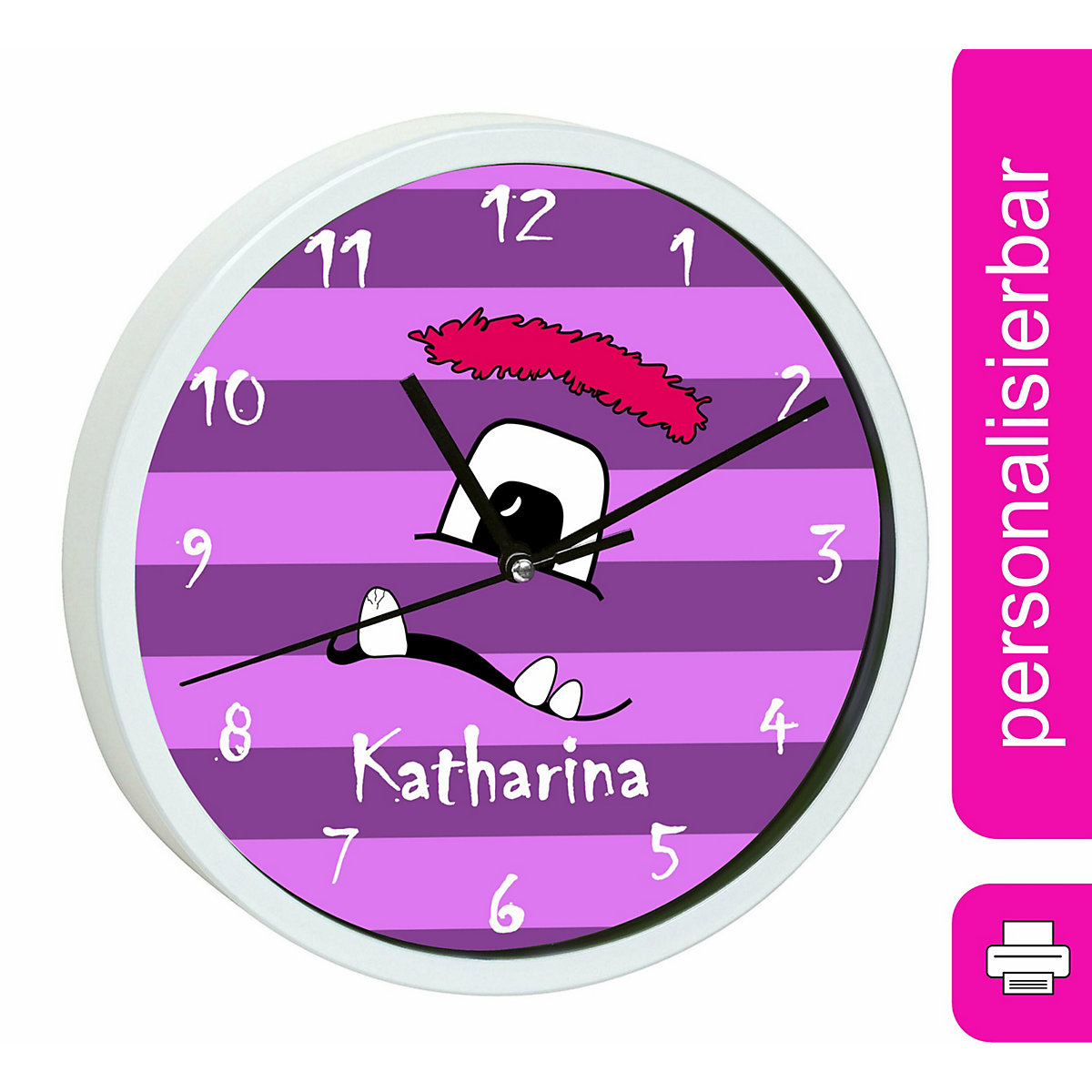 Kinder Wanduhr laufruhig personalisiert mit Name Monster Streifen lila
