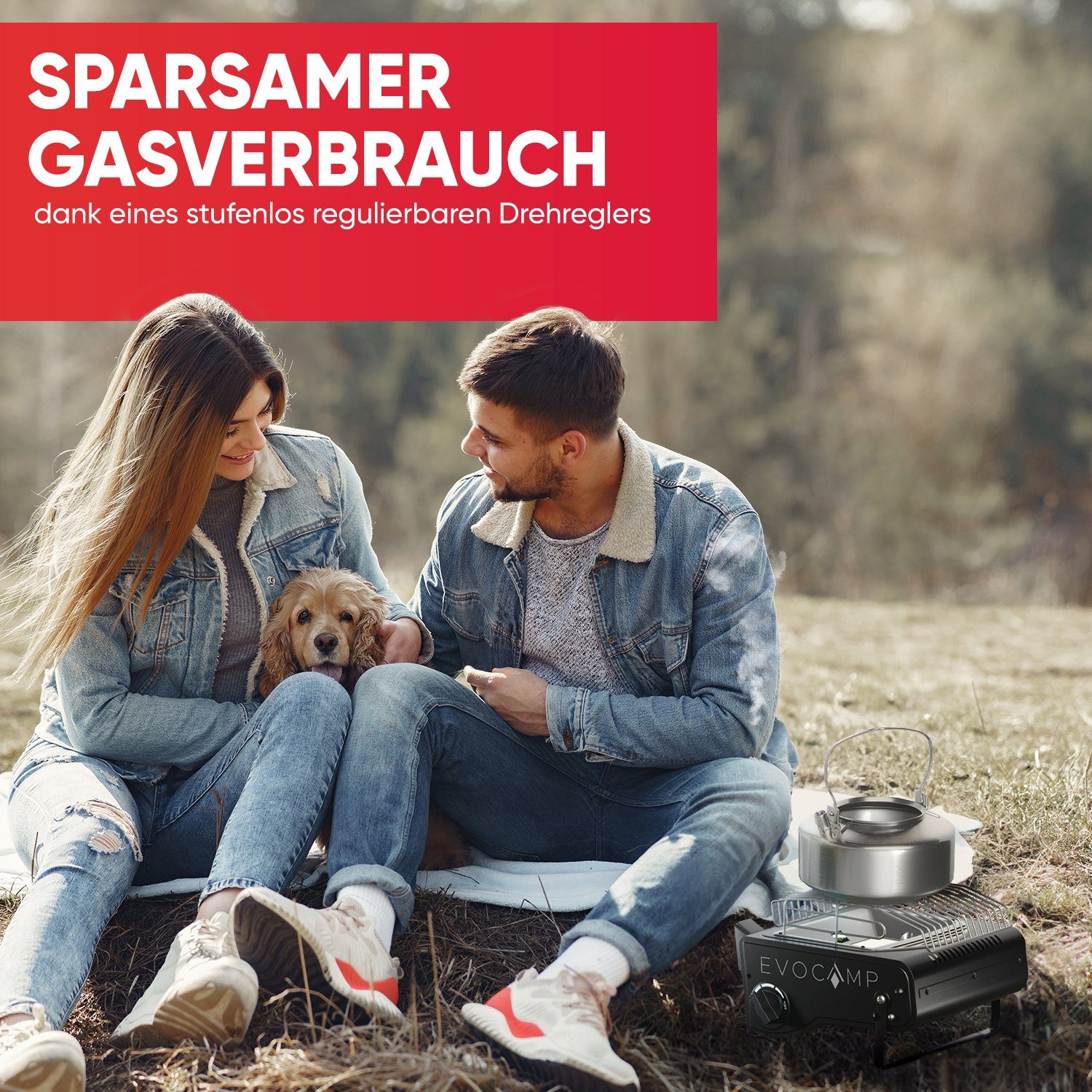 EVOCAMP Gaskocher und Gasheizung 2-in-1 tragbar, 1,7 kW, für Camping ohne Strom, ohne Gaskartuschen und Tragetasche