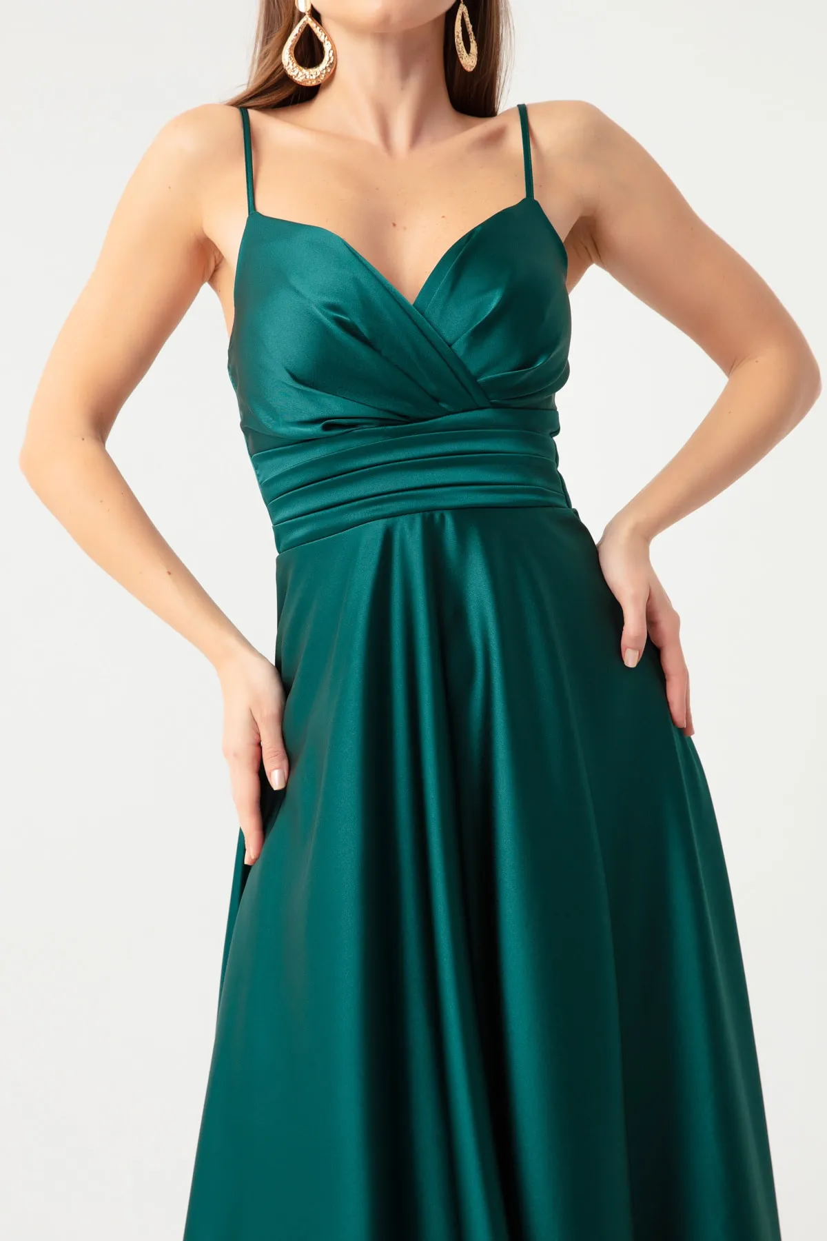 Lafaba  Smaragdgrünes Satin-Midi-Abendkleid und Abschlusskleid mit Taillengürtel und Seilriemen für Damen