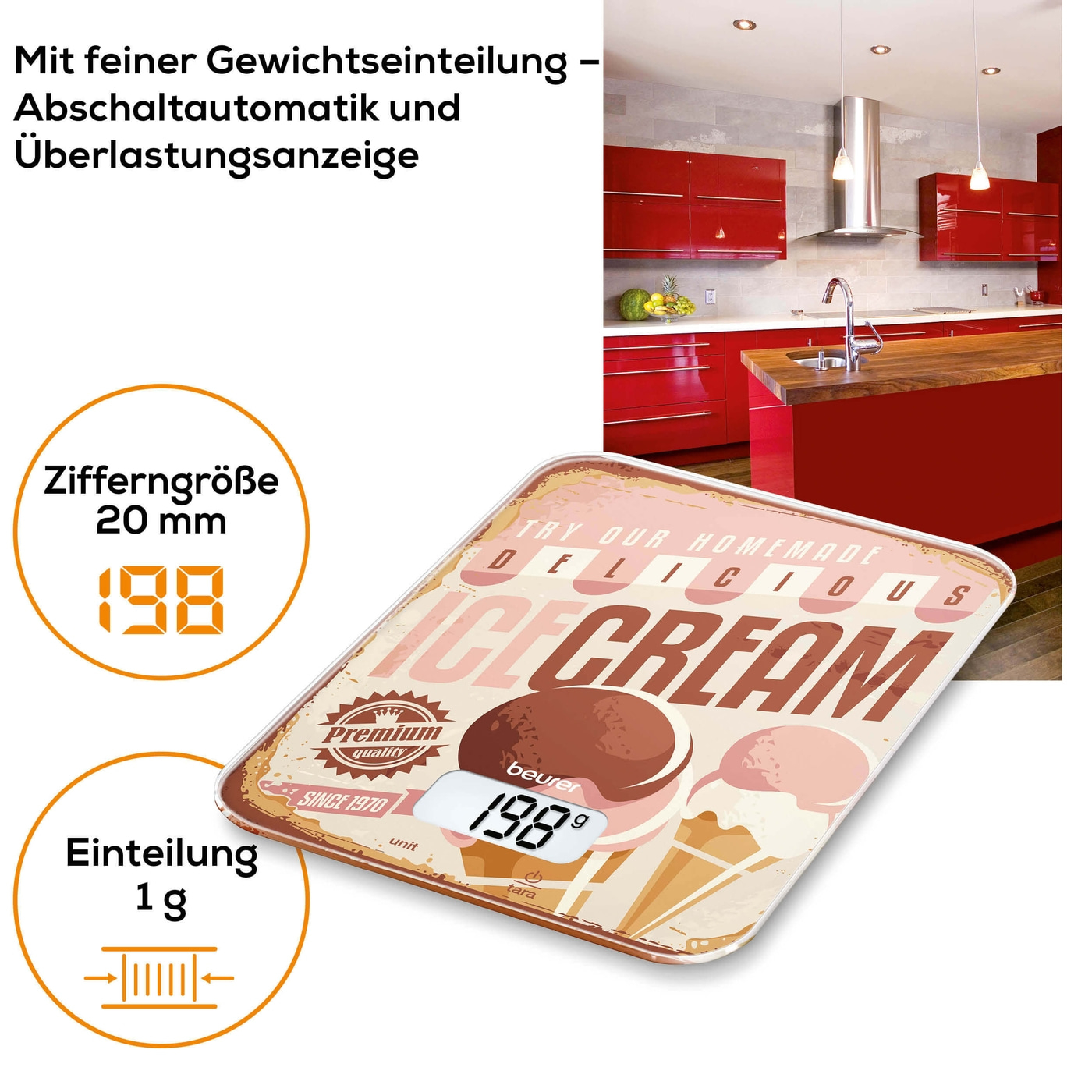 Beurer Küchenwaage KS 19 Ice Cream-Küchenwaage mit stylischer Glasoberfläche & Tarafunktion