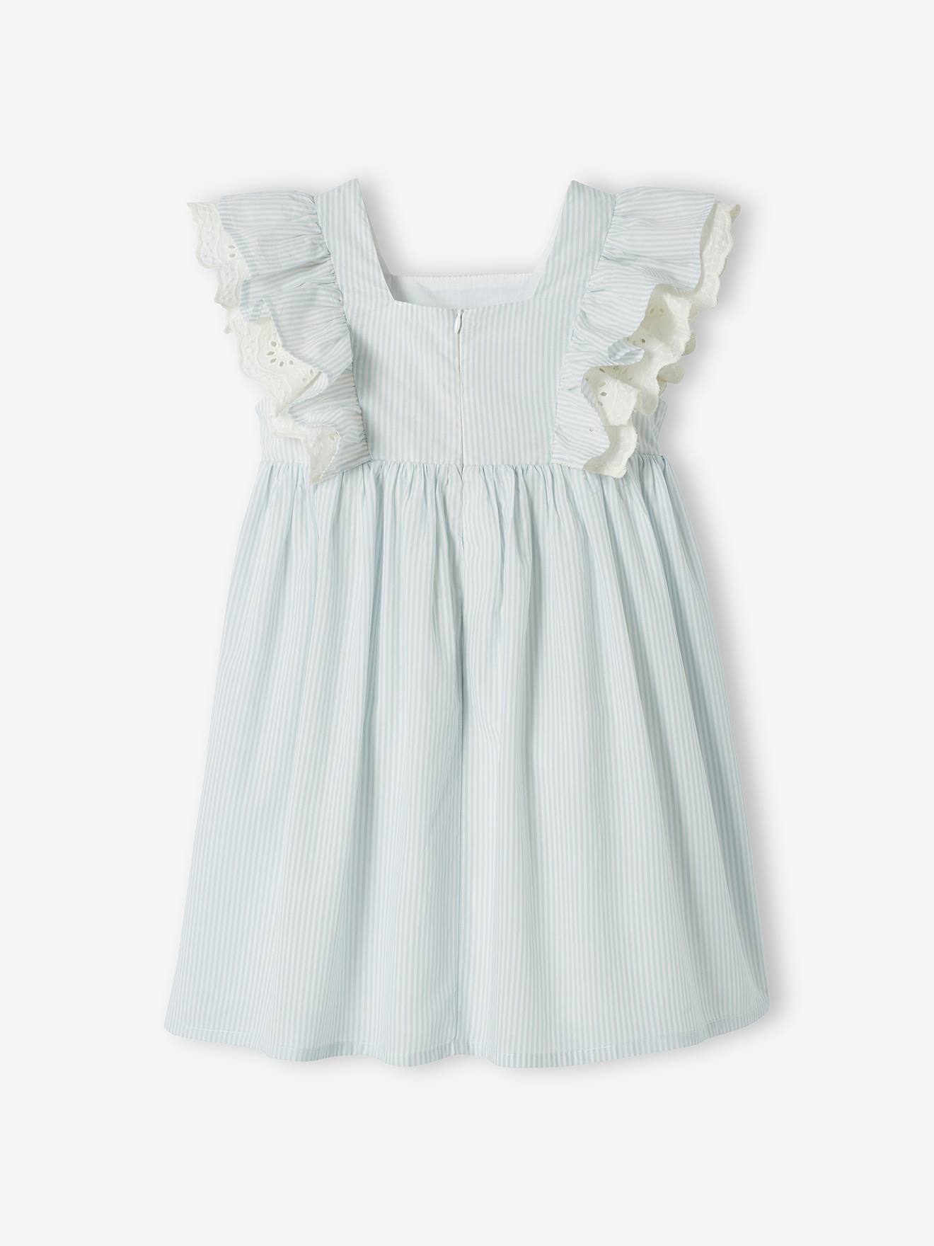 Vertbaudet Festliches Mädchen Kleid, Volantärmel - blau gestreift