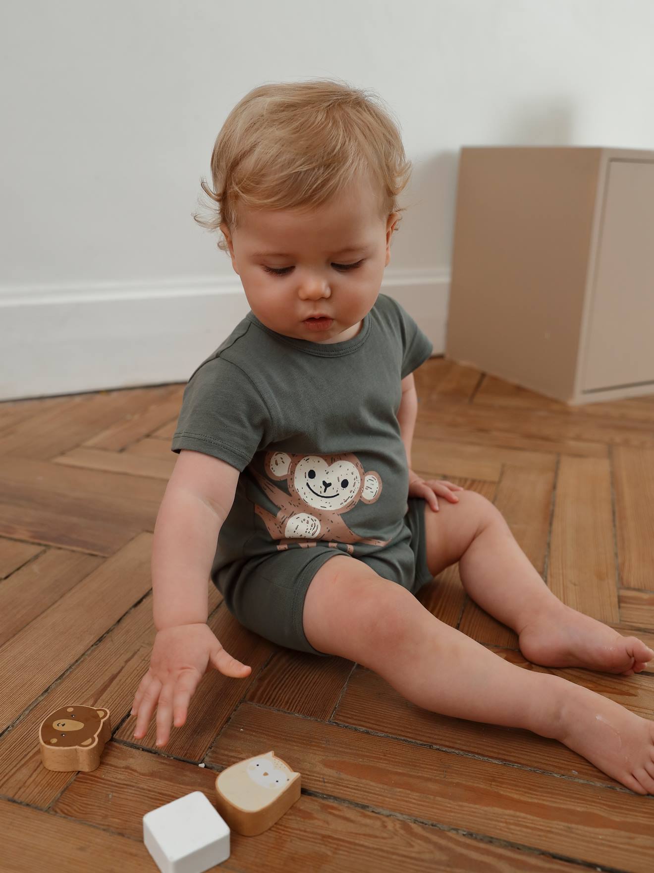 Vertbaudet Baby Kurzoverall, Tier-Motive BASIC Oeko-Tex - khaki affe