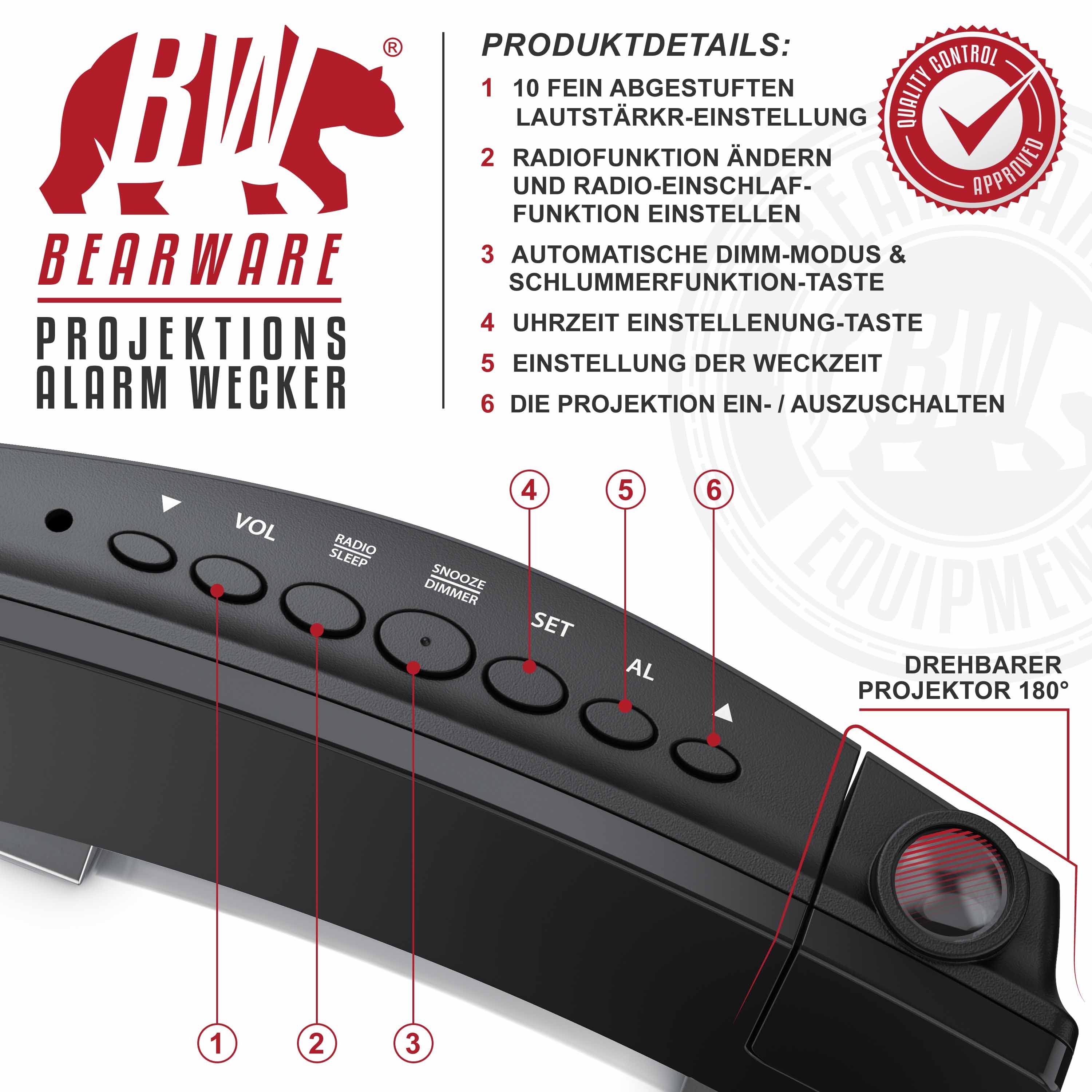 Brandson Projektionswecker Projektions Radio Wecker digital - Dimmer – Snooze – 15 Radiospeicher