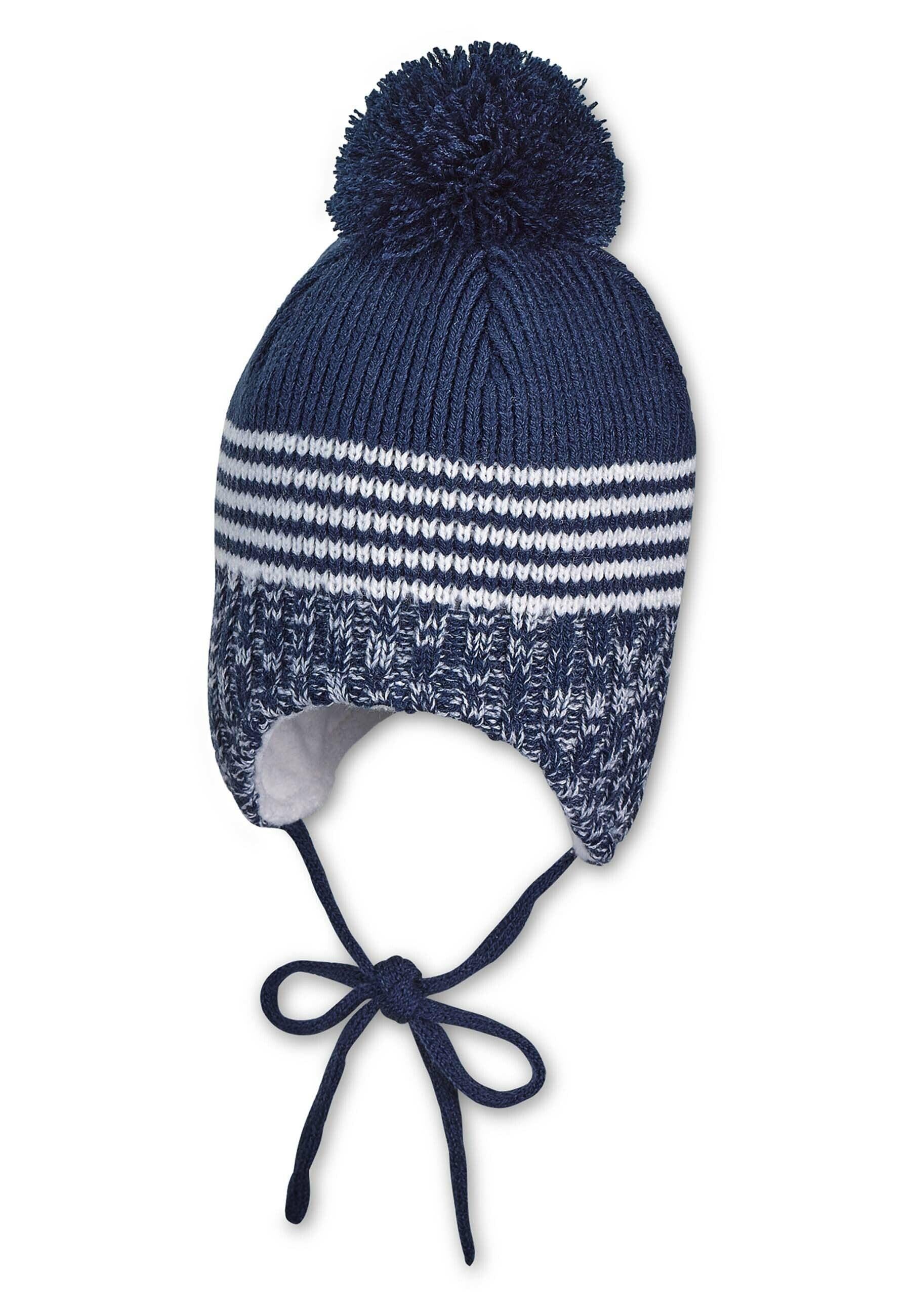 Strickmütze im Mustermix mit Bommel und Bindeband