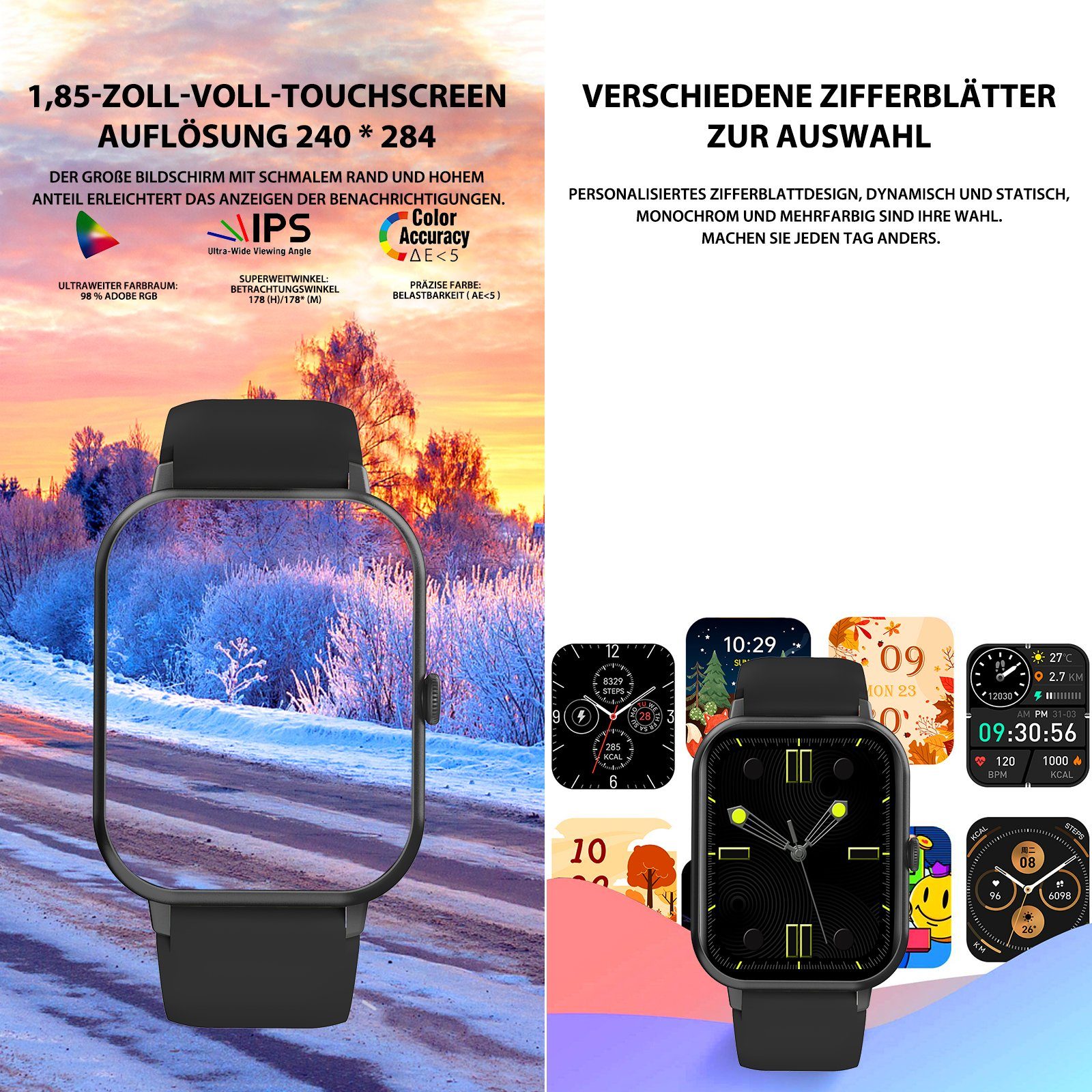 Yuede Smartwatch, Fitness Tracker uhr mit Anruffunktion für Damen und Herren Smartwatch (Quadratischer 1,85''-Voll-Touch-Farbdisplay Zoll Zoll) Gesundheits-Smartwatch mit Blutsauerstoff, Blutdruckmessung, Herzfrequenz, Schlafqualität, Schrittzähler,