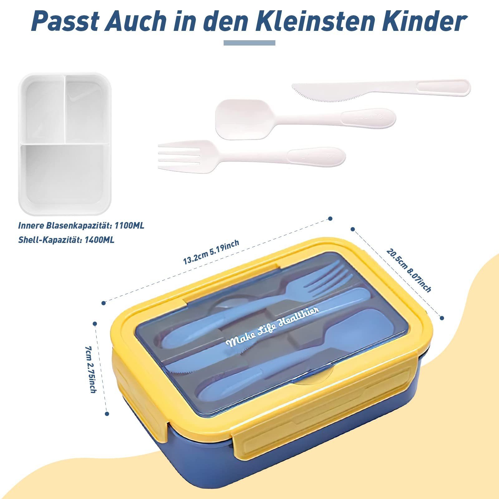 MDHAND Lunchbox 1400ml Lunchbox für Erwachsene, Brotdose Kinder, PP5, (1-tlg), mit 3 FäChern für Schule Arbeit Picknick Reisen