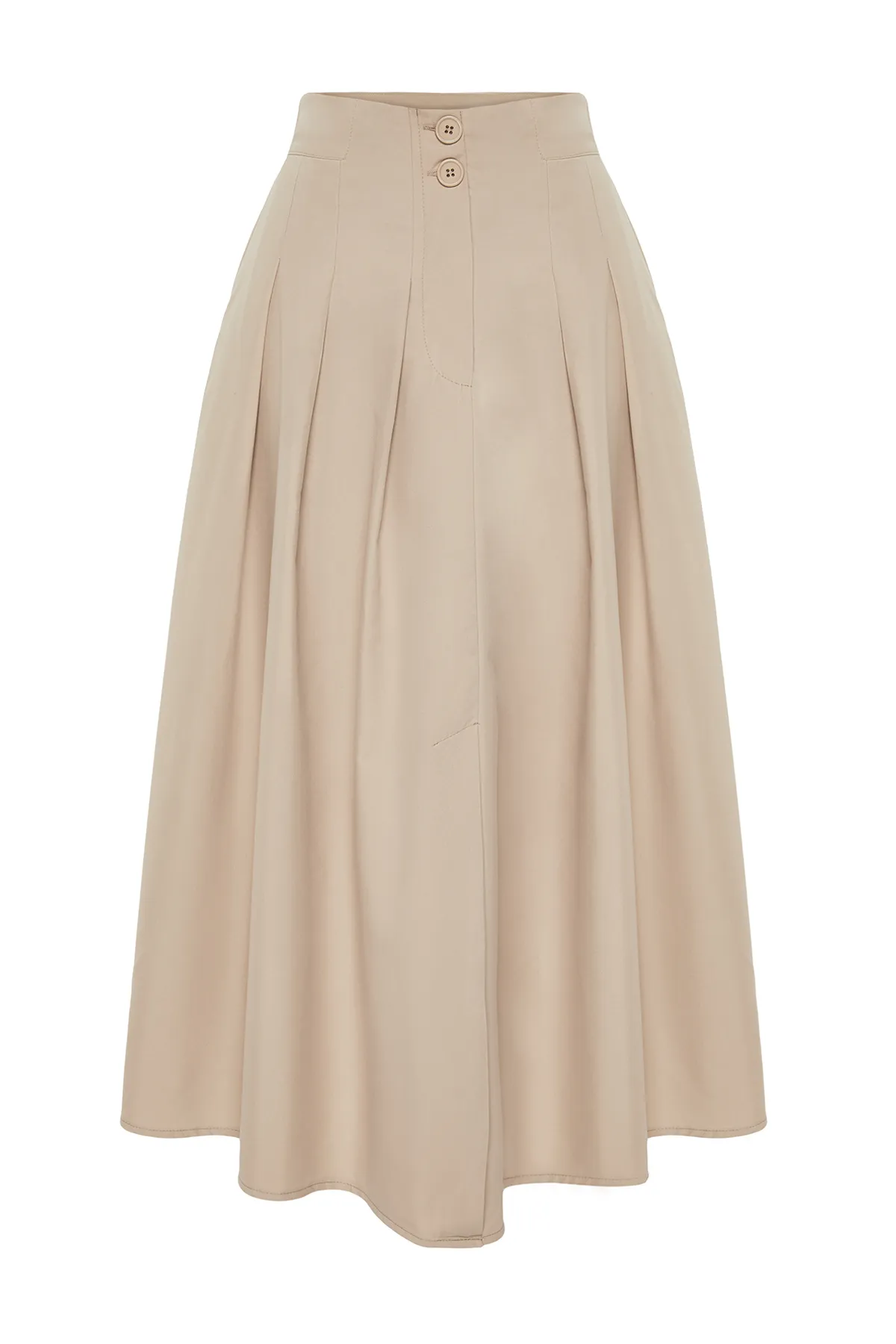 Trendyol Collection  Beiger Midirock - Faltendetail und geknöpfte Vorderseite, gewebt TWOSS24ET00169