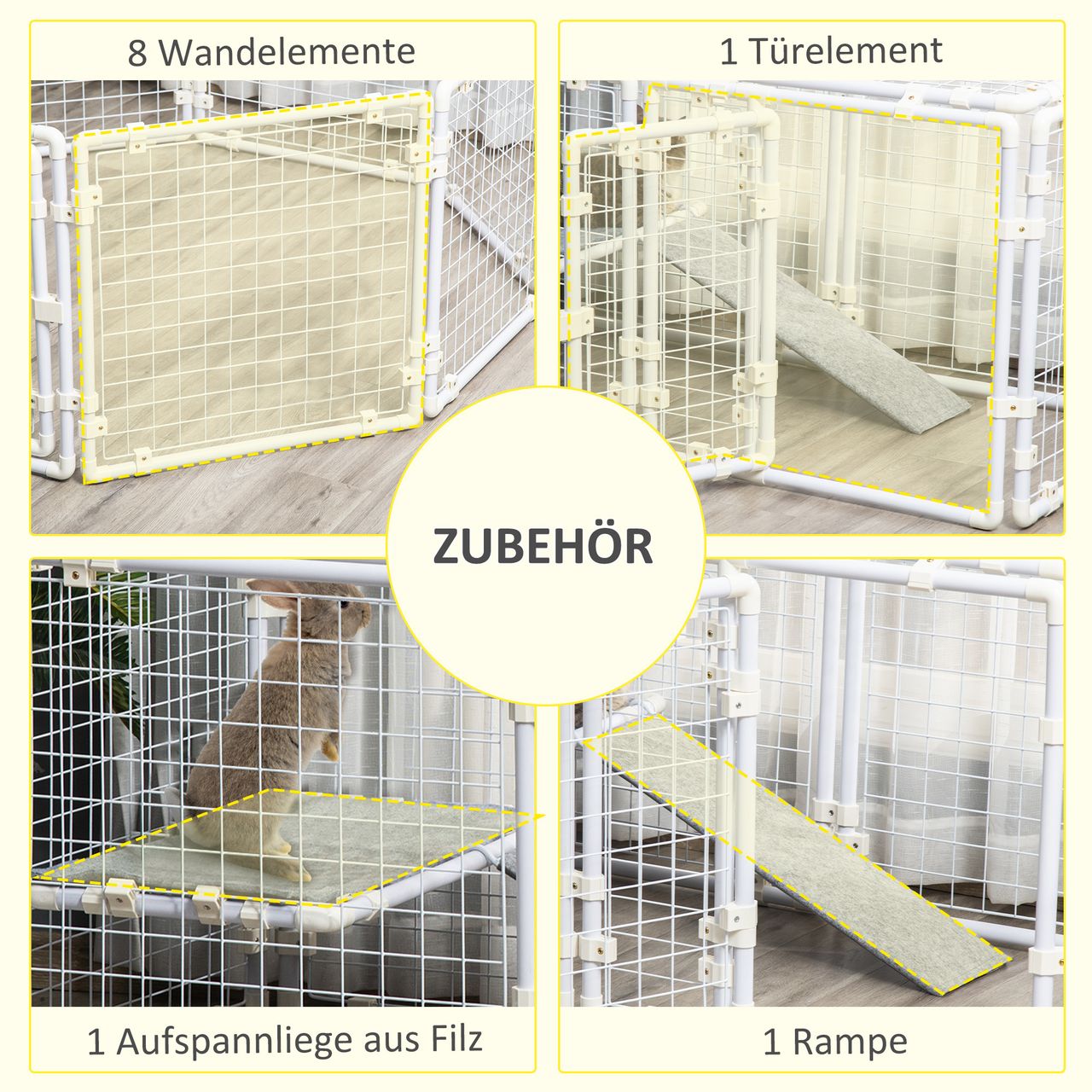 PawHut Kaninchenstall Freilaufgehege 9 Stücke DIY Kleintierkäfig mit Tür Freigehege Kleintierstall Kleintiergehege draußen Stahl Weiß 68 x 68 x 2,5 cm(pro)