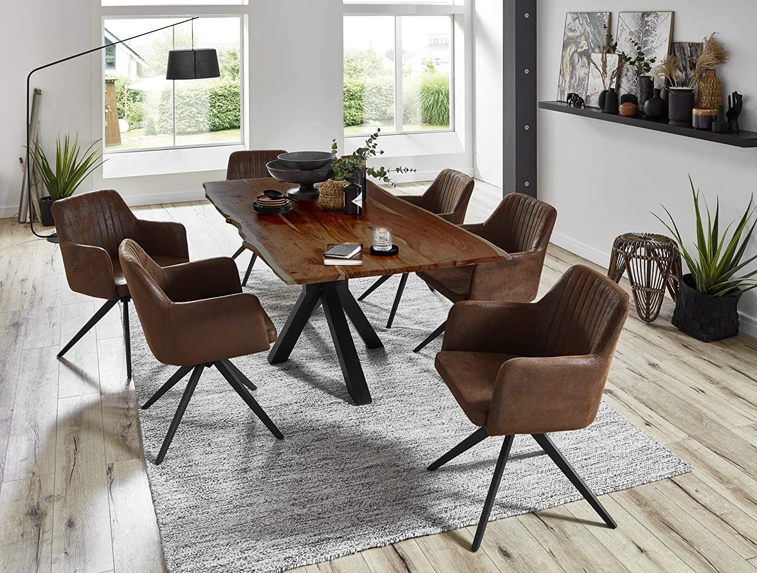 SAM® Essgruppe Isabell, Akazienholz, Baumkante massiv, Metallgestell und 6 Stühle