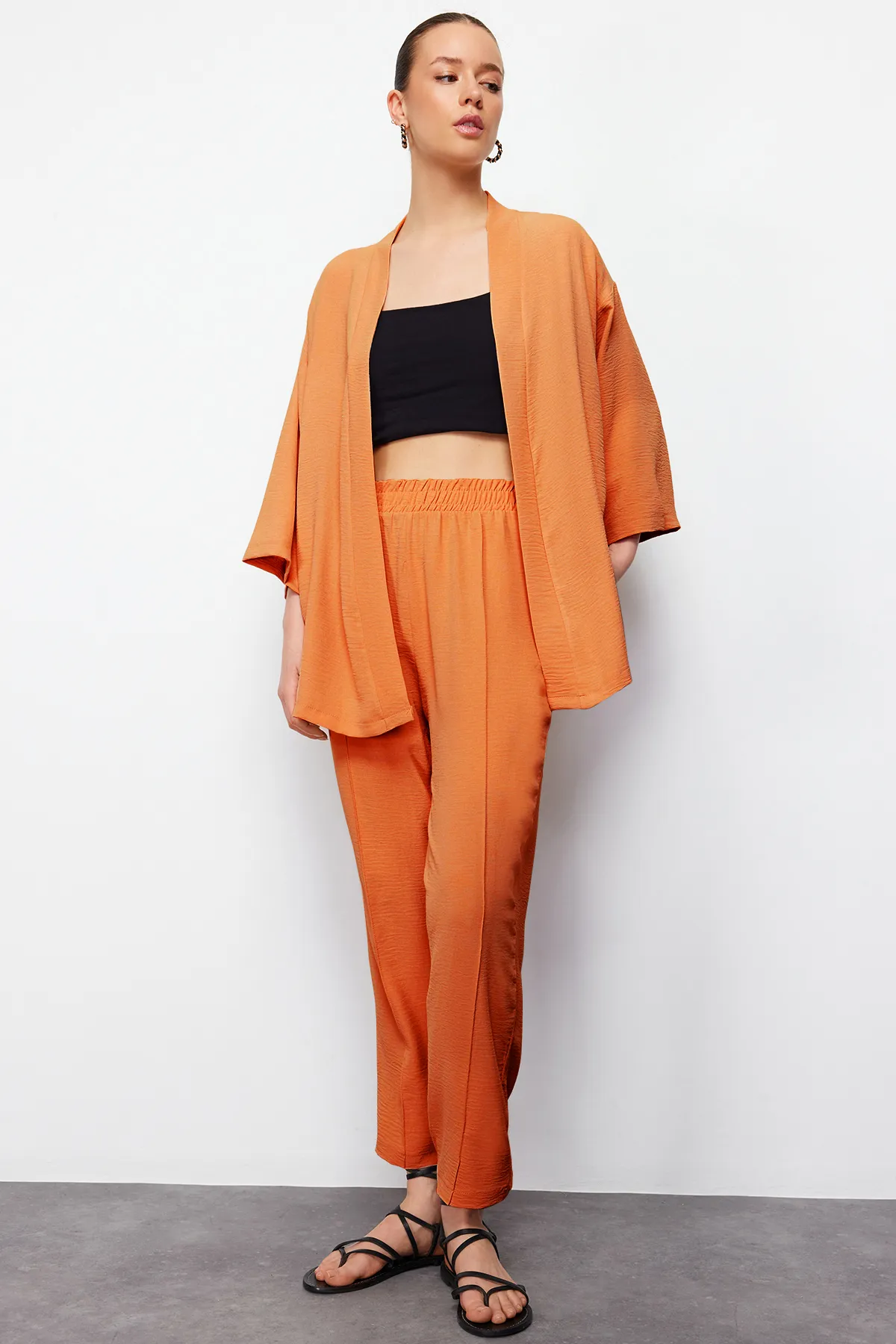 Trendyol Collection  Orange gewebtes Kimono-Hosen-Bottom-Top-Set TWOSS24AU00037
