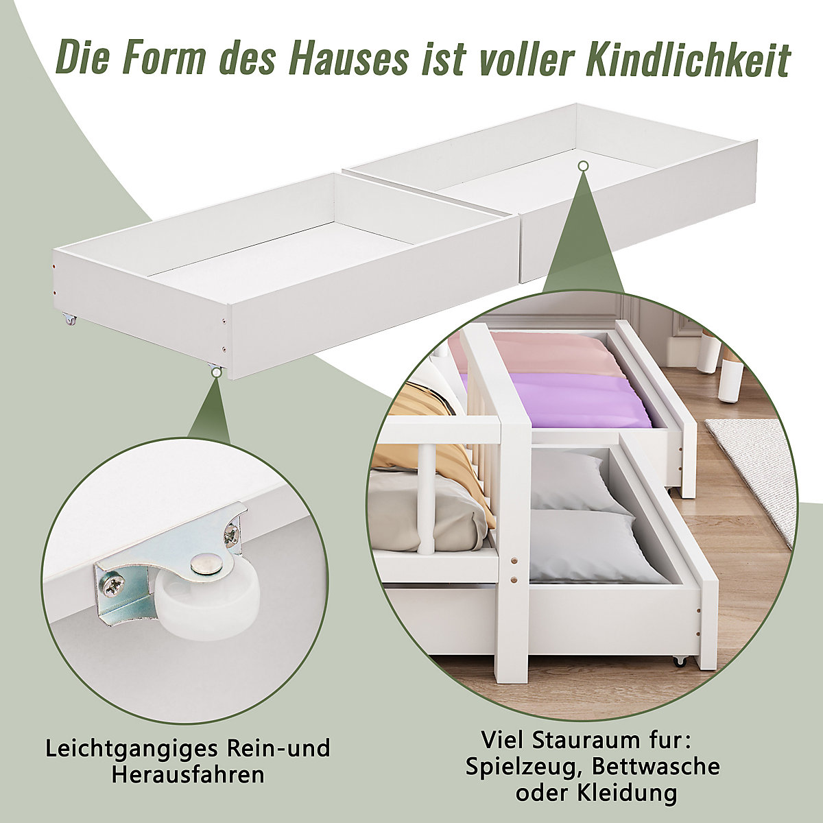 Hausbett 90x200 cm mit Bücherregal und Schubladen