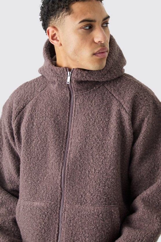 Kastiger Oversize Bouclee Borg-Hoodie mit Reißverschluss