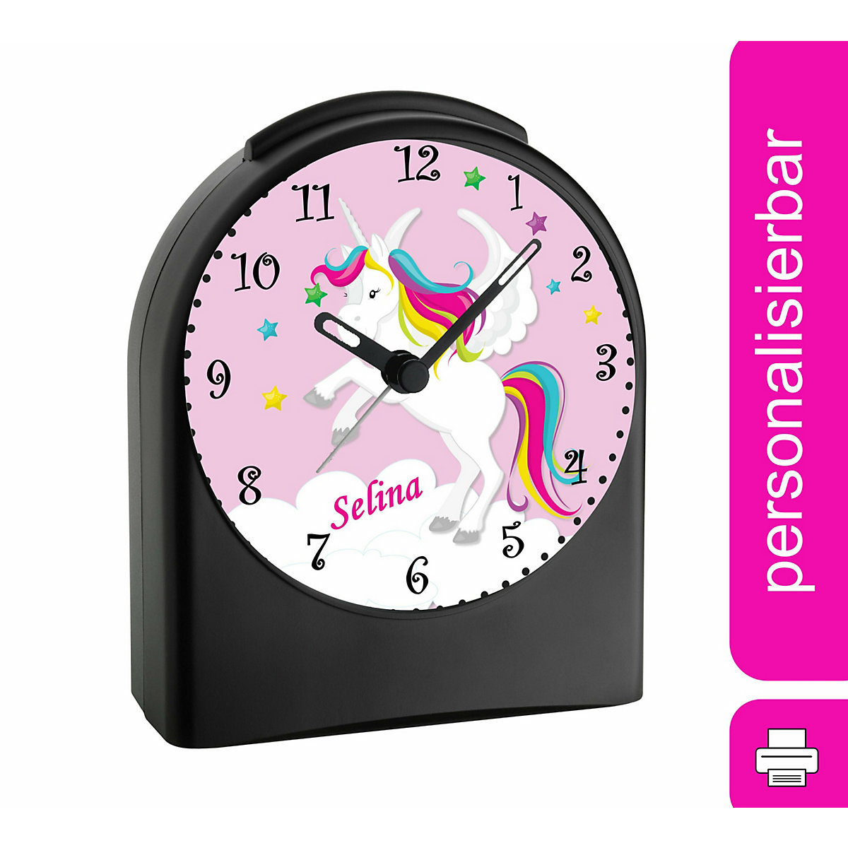 Kinder Funkwecker personalisiert mit Namen Einhorn Atom-/Funkuhr, 12-Stunden-Anzeigeformat, Schlummerfunktion, Nachtlicht, Geräuschlos/Ohne Ticken