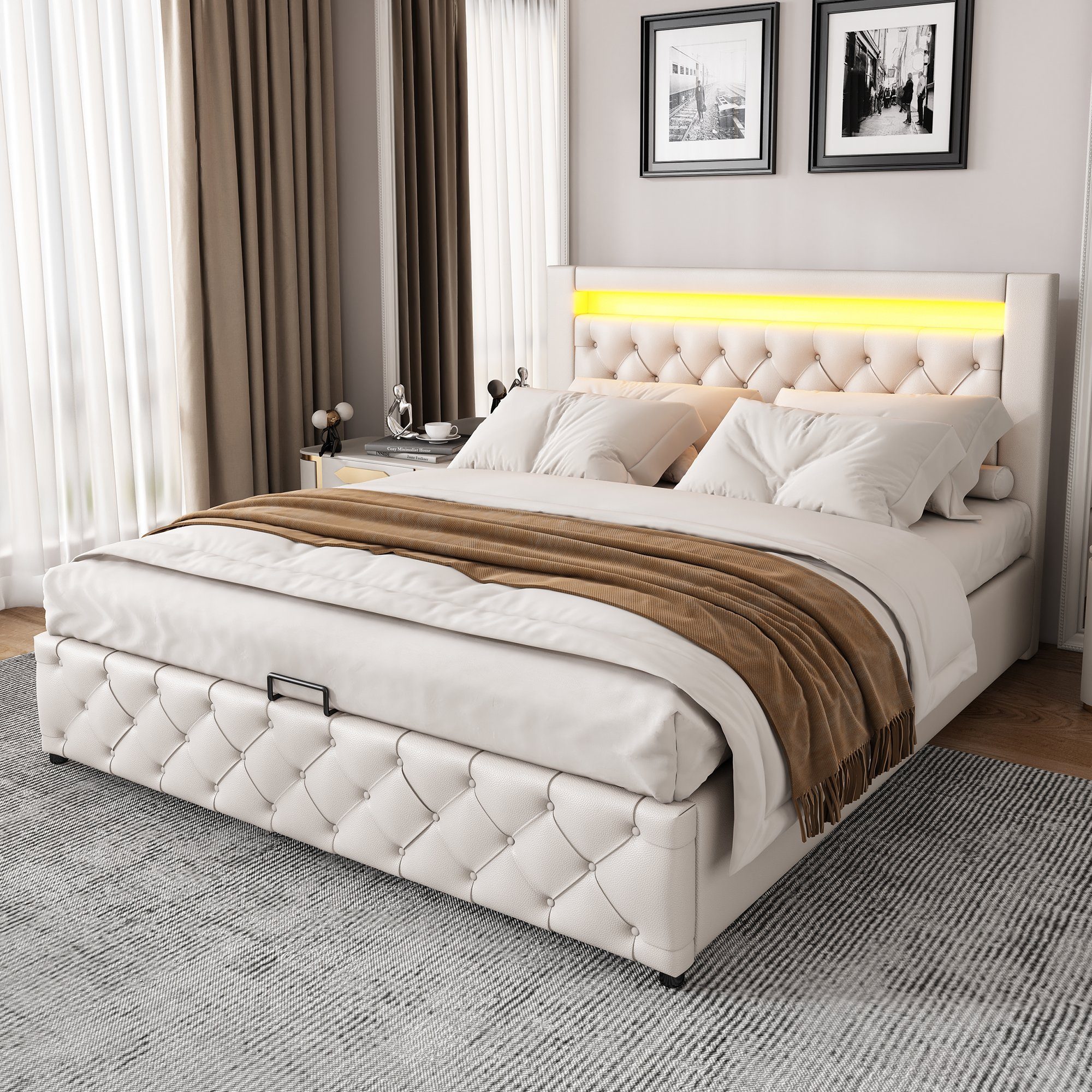 REDOM Polsterbett Polsterbett Doppelbett Stauraumbett Bett mit Lattenrost ohne Matratze (Leder, Hydraulisch 140 x 200 cm/180 x 200 cm), Funktionsbett mit Lattenrost und Stauraum, Mit LED-Beleuchtung
