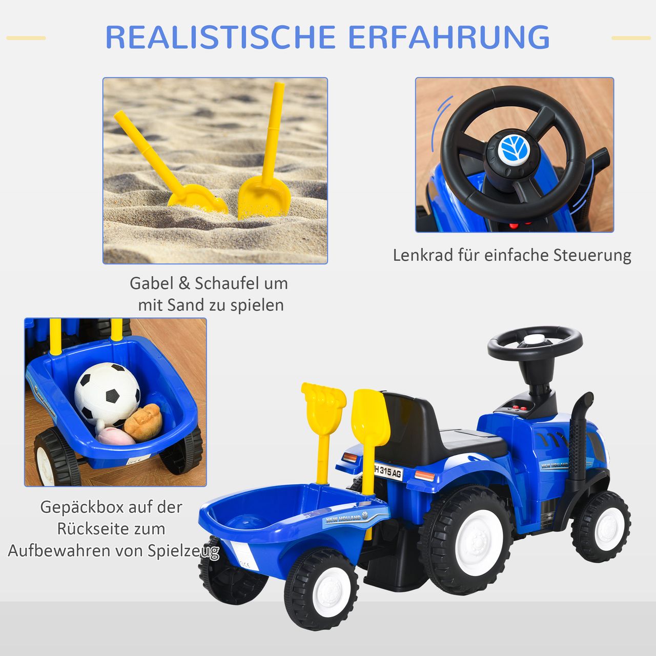 HOMCOM Rutschauto Kindertraktor Tretauto mit Anhänger Hupe Scheinwerfer Blau