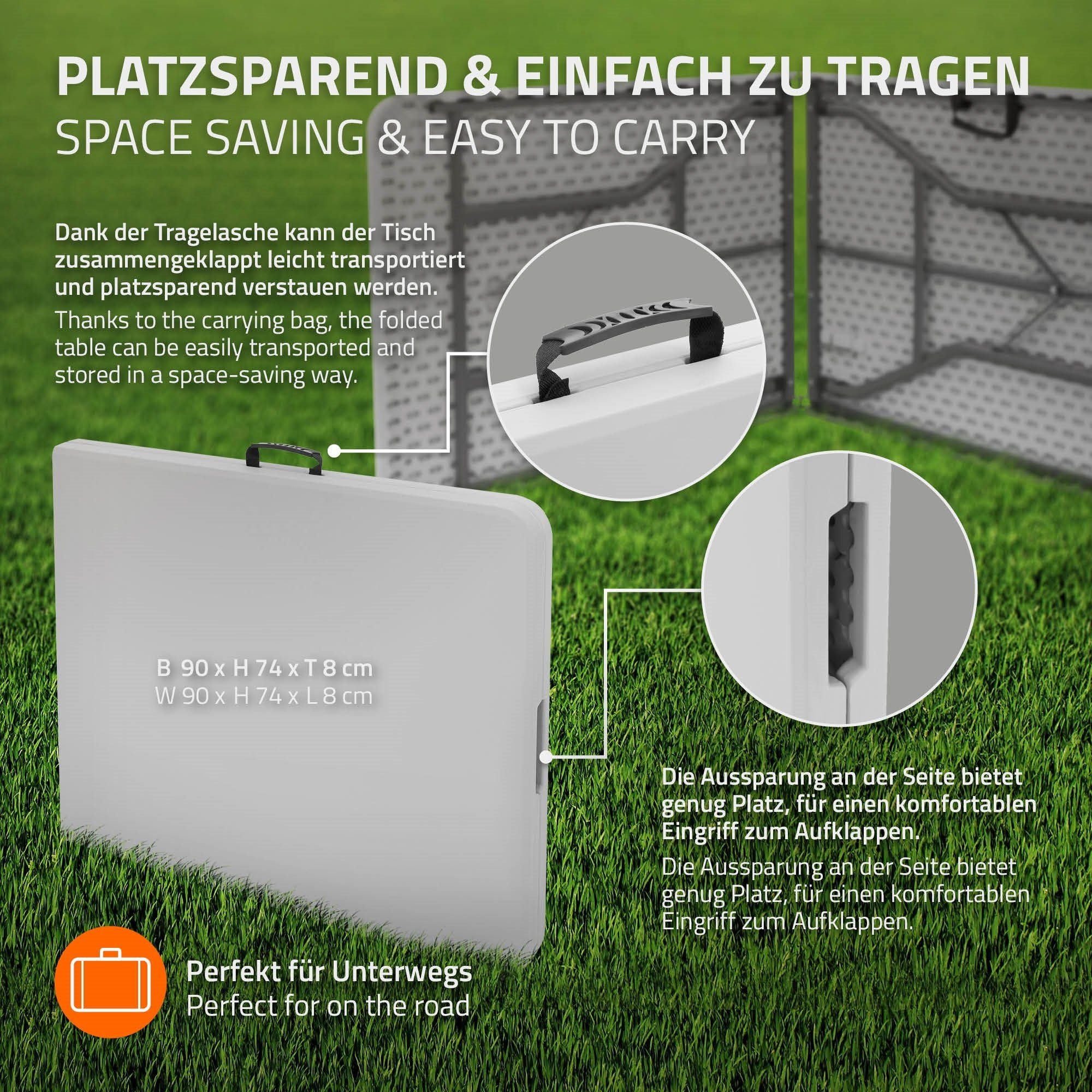 ML-DESIGN Klapptisch Campingtisch Buffettisch Partytisch Koffertisch Flohmarkttisch, Weiß 180x74cm Kunststoff mit Tragegriff für Garten Terrasse Balkon