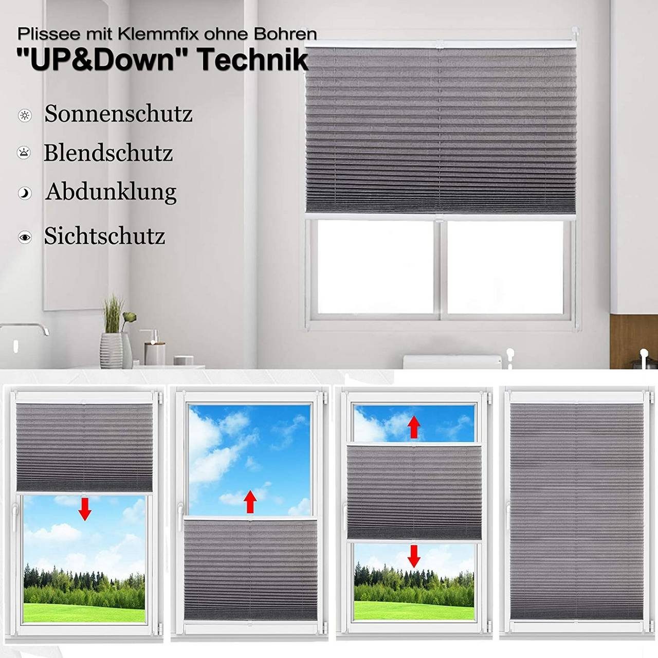 Plissee, Woltu, halbtransparent, Klemmfix, Klemmfix, Jalousie Faltrollo Blickdicht