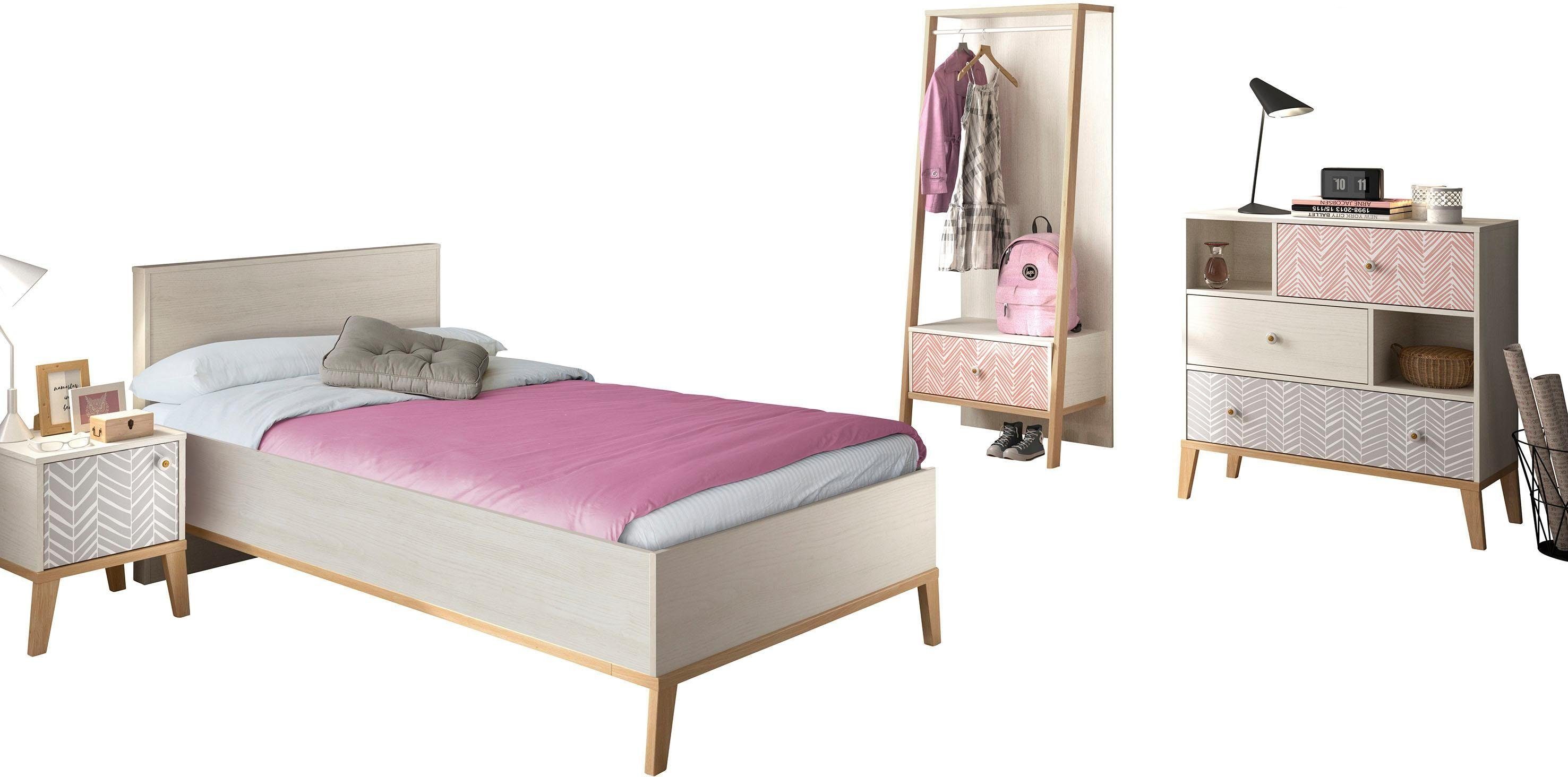 Gami Jugendzimmer-Set Alika, (Set, 4-St., Kleiderständer, Bett, Nachttisch, Kommode)