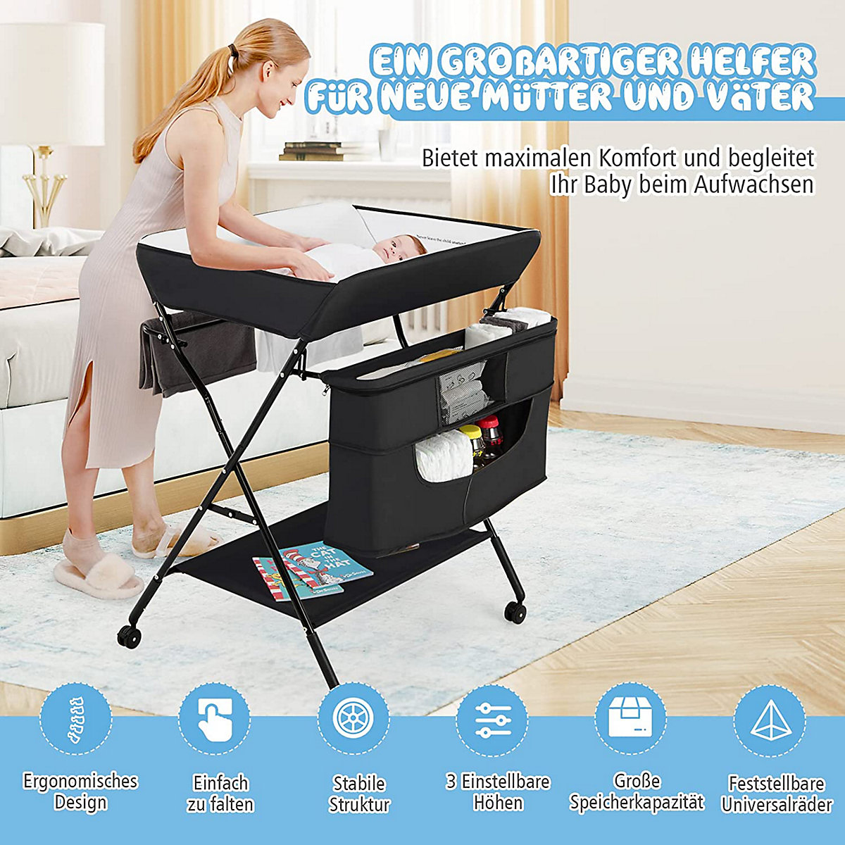 Wickeltisch 4-in-1 Höhenverstellar Klappbar mit Rädern