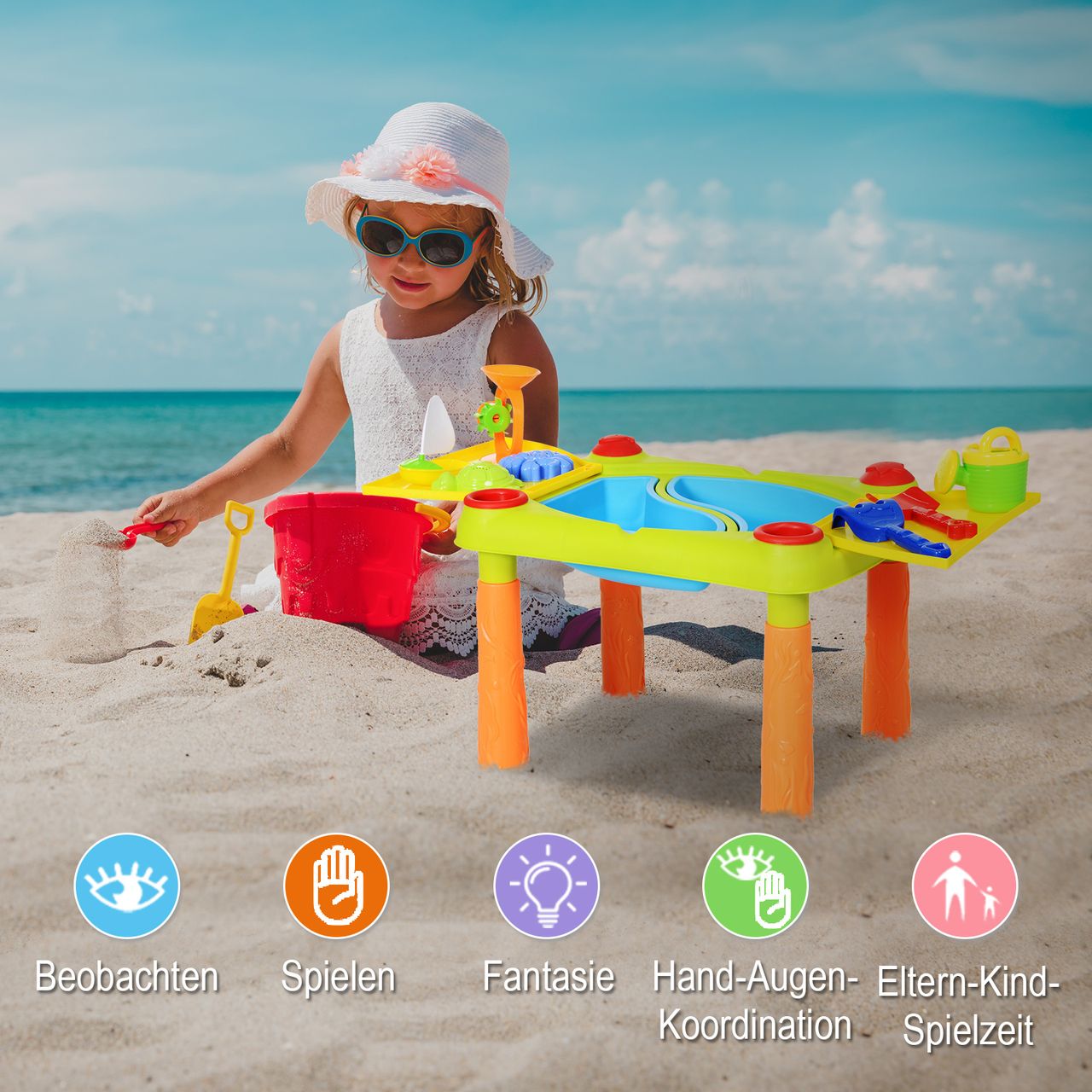 HOMCOM Kinder Sandspielzeug, Sandkastentisch mit 16-tlg. Zubehör, Spieltisch, Strandspielzeug, ab 3 Jahren, PP, 99,5 x 49 x 48 cm