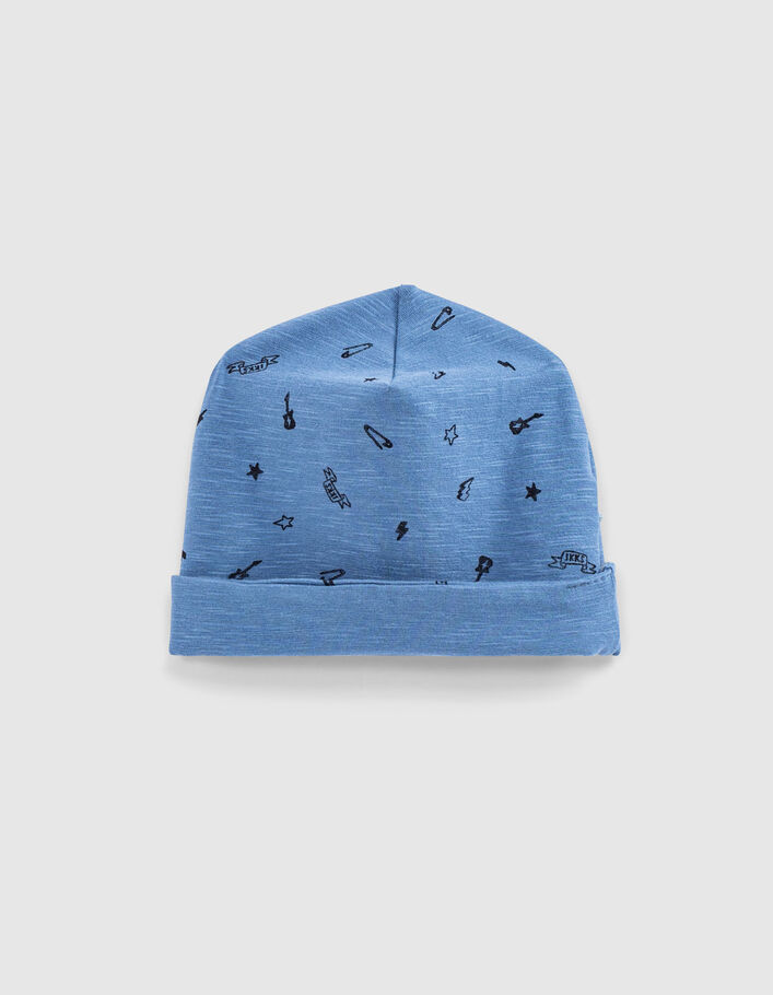 Bonnet réversible bleu et imprimé rock coton bio bébé
