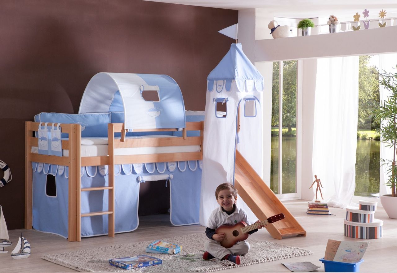 Relita Halbhohes Spielbett ALEX mit Rutsche/Turm/Tunnel Buche massiv natur lackiert mit Stoffset blau/boy