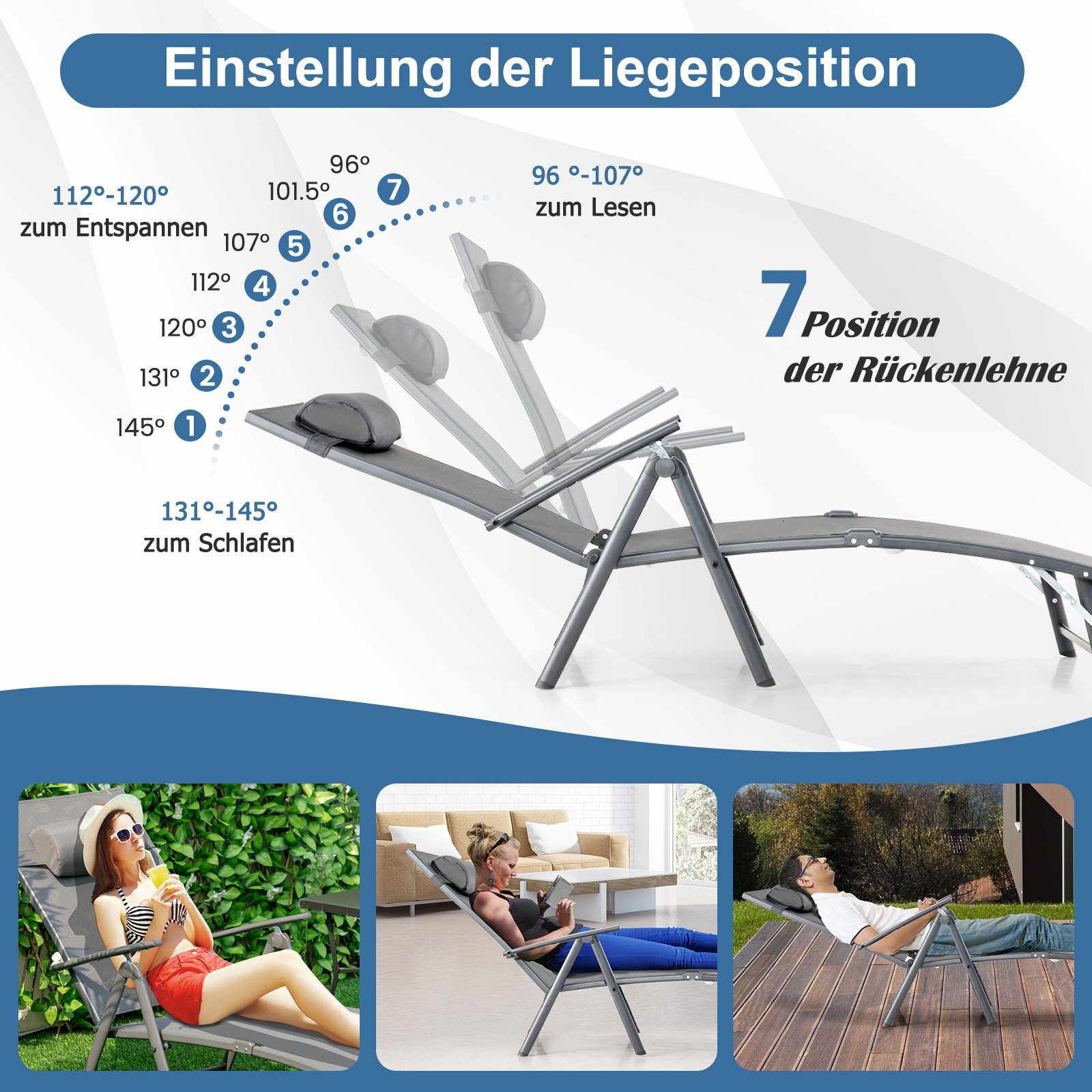 COSTWAY Gartenliege Sonnenliege, 7-fach verstellbar, mit Kopfstütze