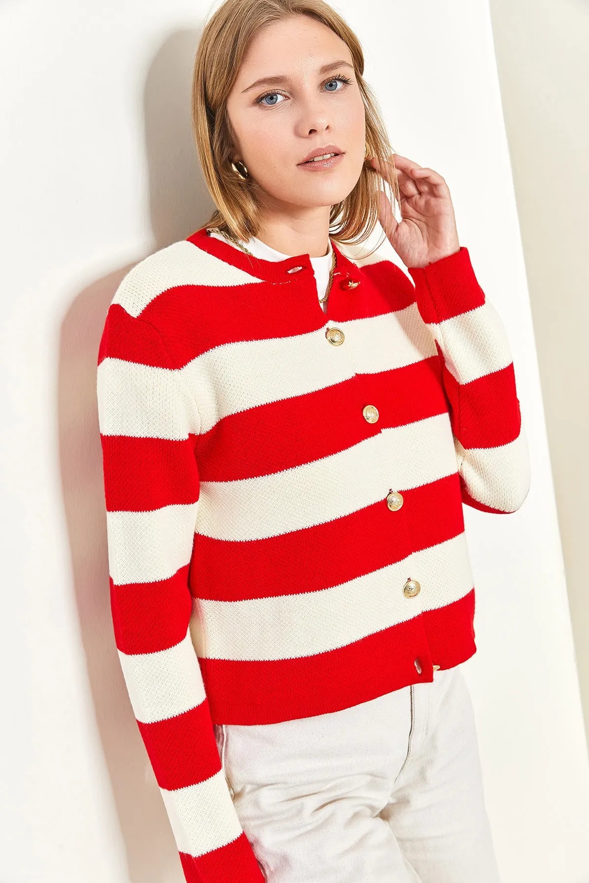 Bianco Lucci  Damen-Cardigan aus dickem, gestreiftem Strick mit Metallknöpfen