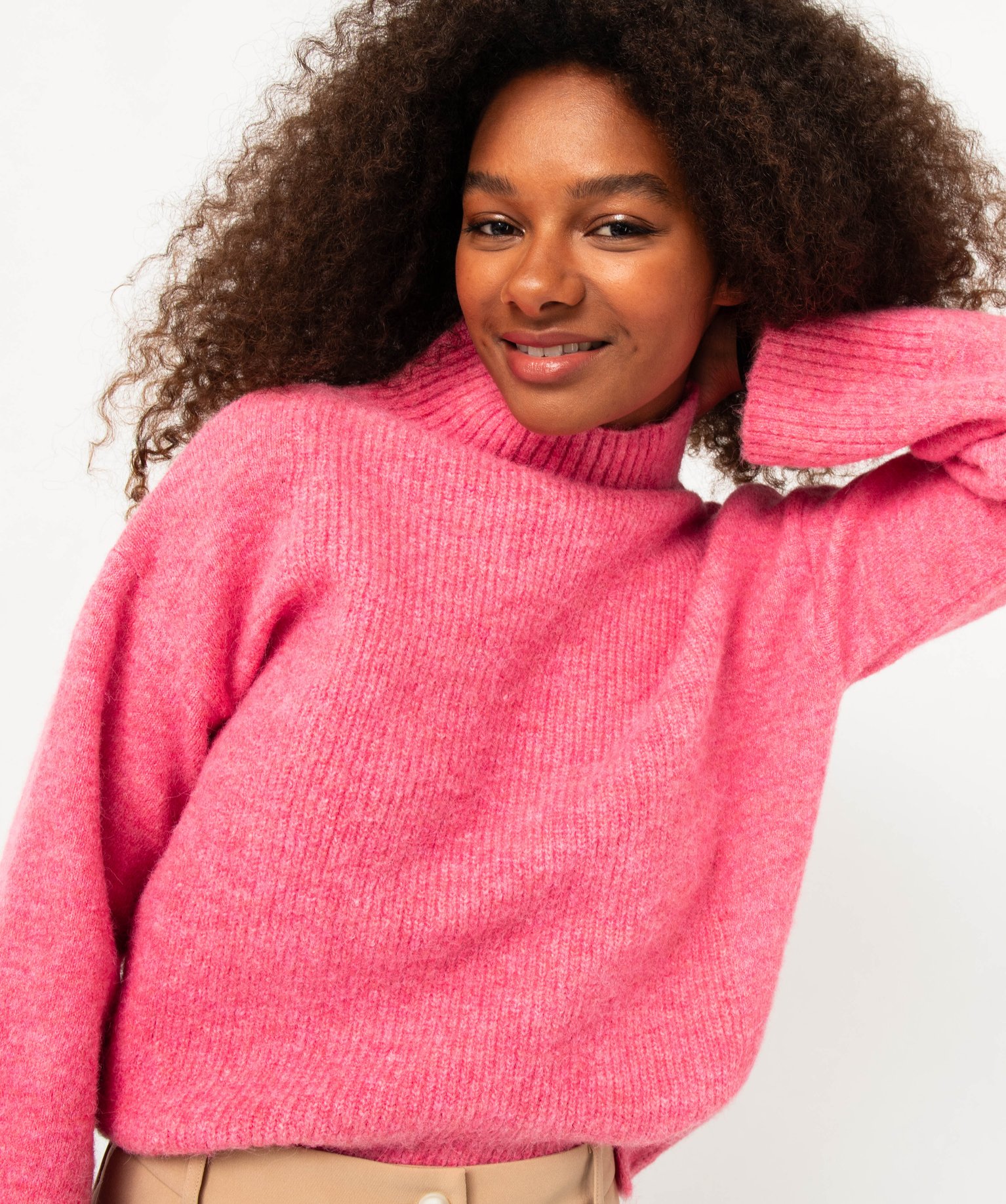 Pull col montant en grosse maille femme - Gémo x Melissaallbb rose | GEMO