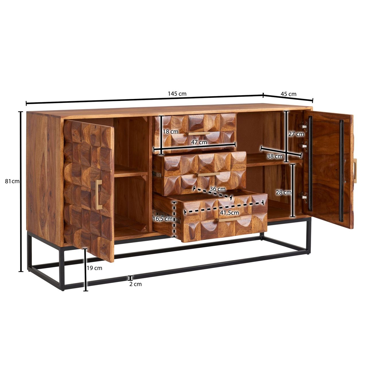 Skyport WOHNLING Sideboard 145x81x45 cm Holz Massiv Kommode Anrichte Modern Standschrank