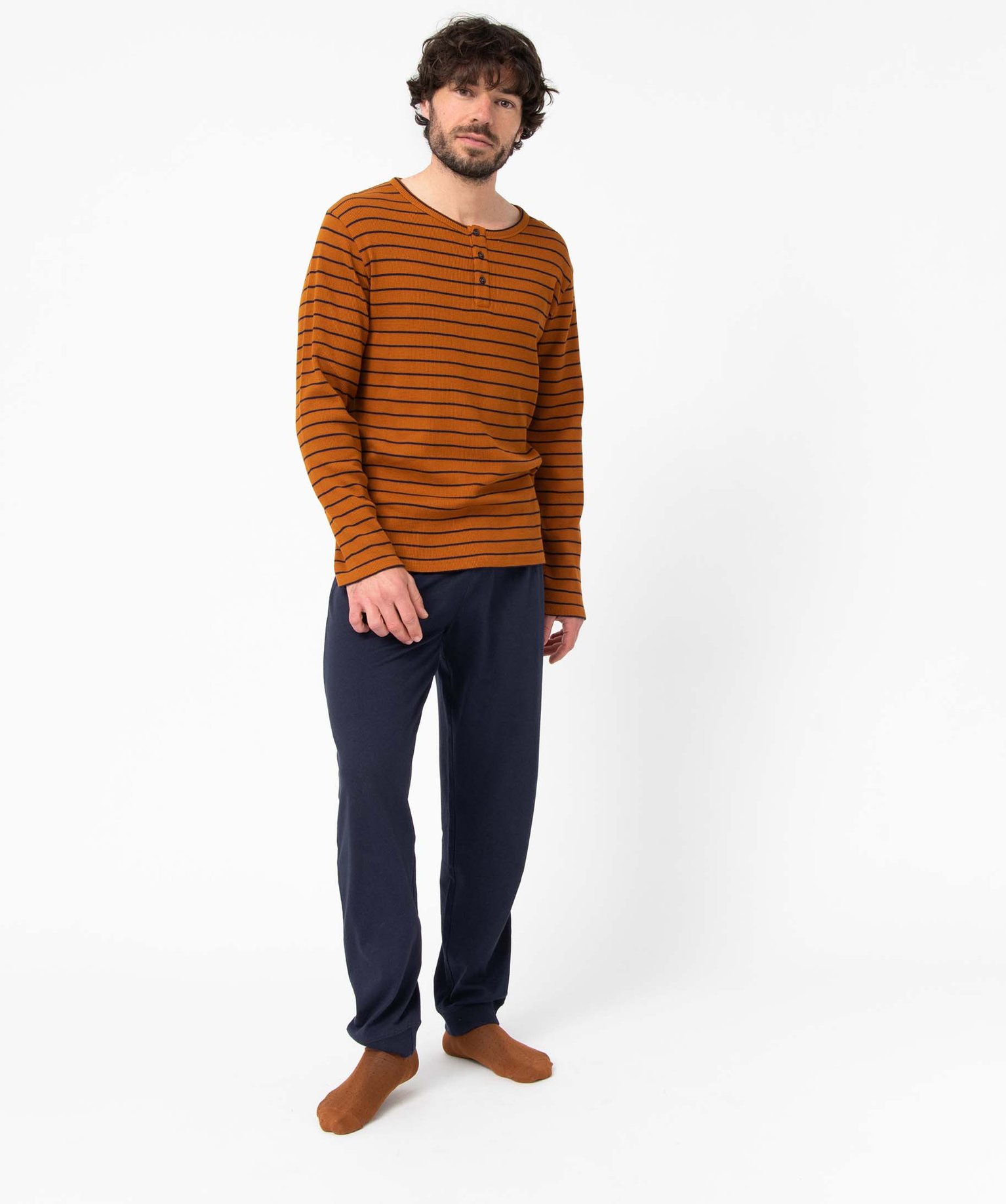 Pyjama homme avec haut tunisien rayé en nid d'abeille marron | GEMO