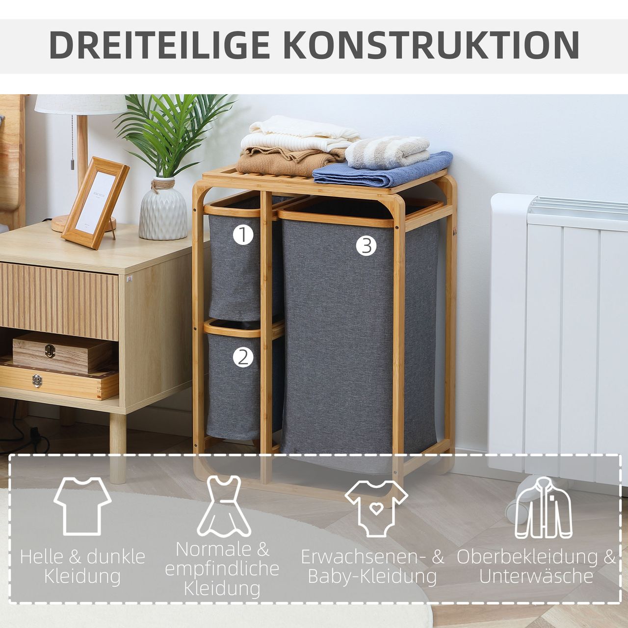 HOMCOM Wäschekorb Wäschebox mit Plattform Wäschesammler mit 3 abnehmbaren Wäschesacke Wäschesortierer für Schlafzimmer Badezimmer Bambus Grau Natur 50 x 32 x 69,7 cm