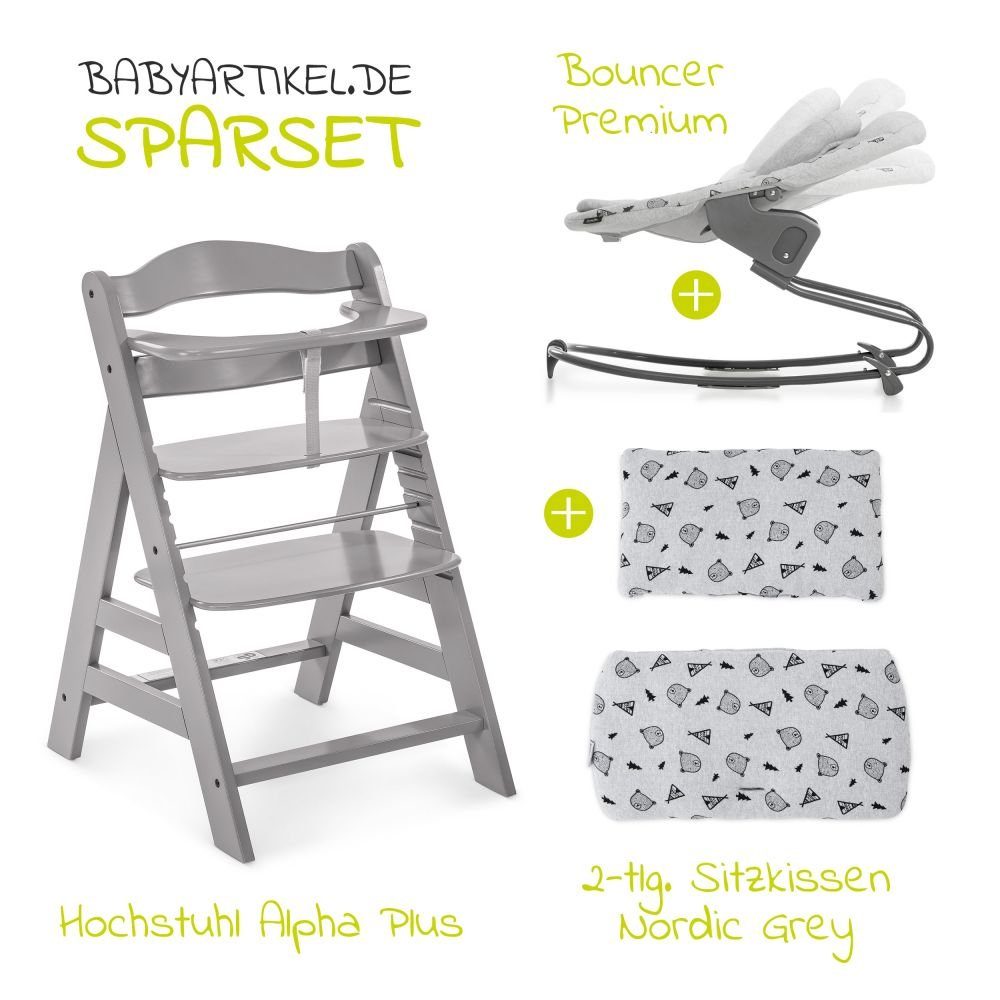 Hauck Hochstuhl Alpha Plus Grau Newborn Set (Set, 4 St), Baby Holz Hochstuhl ab Geburt mit Liegefunktion - inkl. Aufsatz für Neugeborene (Wippe) Premium & Baumwoll Sitzauflage - mitwachsend, höhenverstellbar