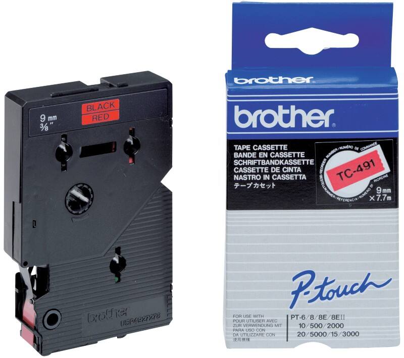 Brother TC Schriftband TC-491 Schwarz auf Rot 9 mm x 7,7 m