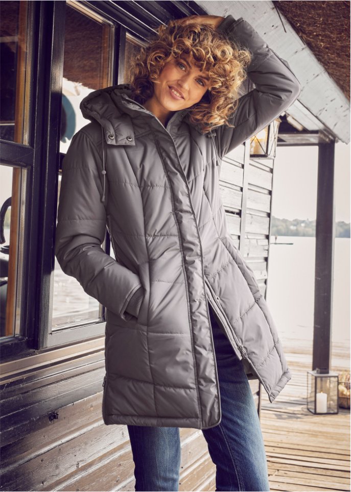 Long-Steppjacke, wattiert mit Kragen und Kapuze