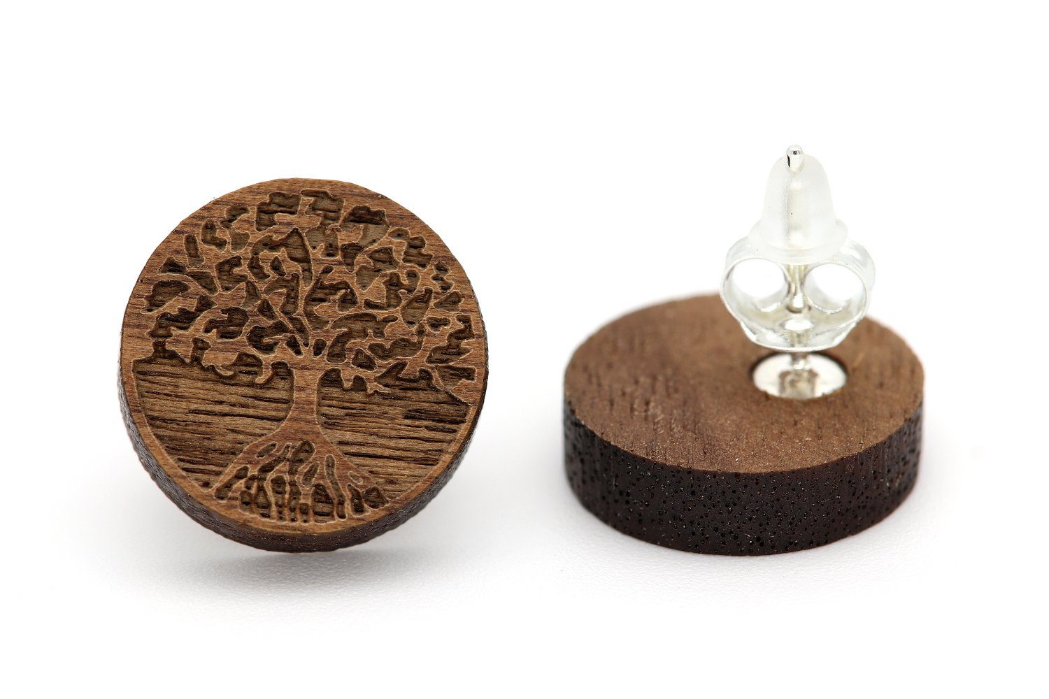 NaturSchatulle Paar Ohrstecker 3D Gravuren (Lebensbaum, Anker, Herz uvm., Holzschmuck, Holzohrringe), 15mm, 925 Silber, Handmade in Germany, Nachhaltig