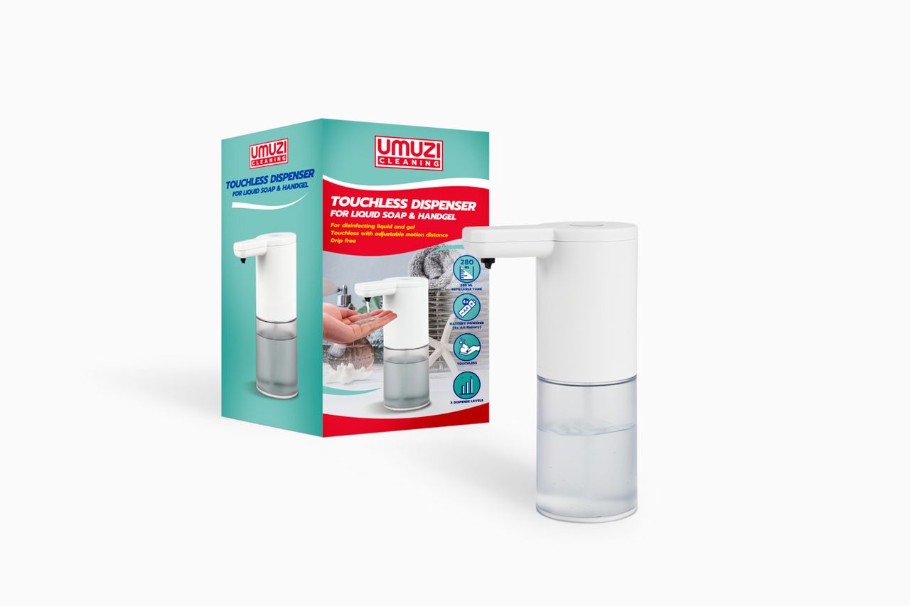 Umuzi Cleaning Viraqur Handhygiene-Set: automatischer Seifenspender inkl. desinfizierendem Handgel. Mit Batterien.