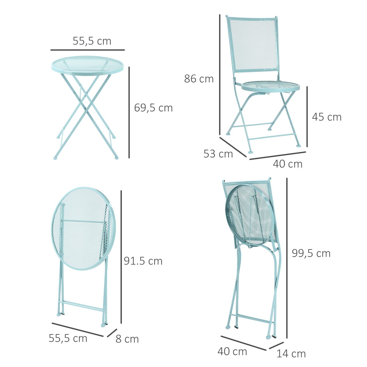Outsunny Garten Sitzgruppe 3-teiliges Bistro-Set Garnitur 1 Tisch 2 faltbare Stühle für Terrasse Balkon Metall Blau