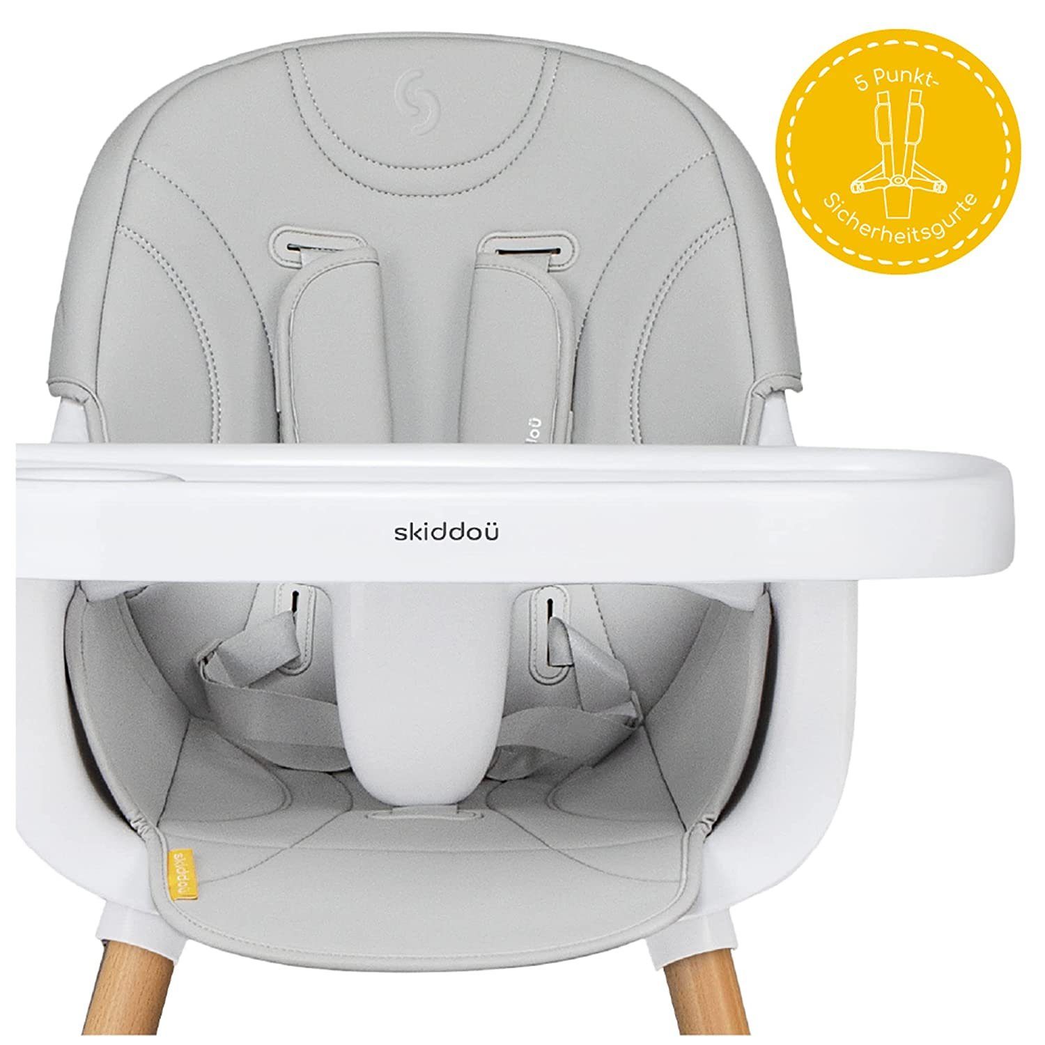 Skiddoü Hochstuhl skiddoü Hochstuhl Sunt, verstellbaren 5-Punkt-Sicherheitsgurt 2 in 1 Kinderstuhl, Babyhochstuhl Holzbeinen hoher Qualität, Fütterungsstuhl mit originalem Design, Fußstütze, Doppeltablett, hellgrau