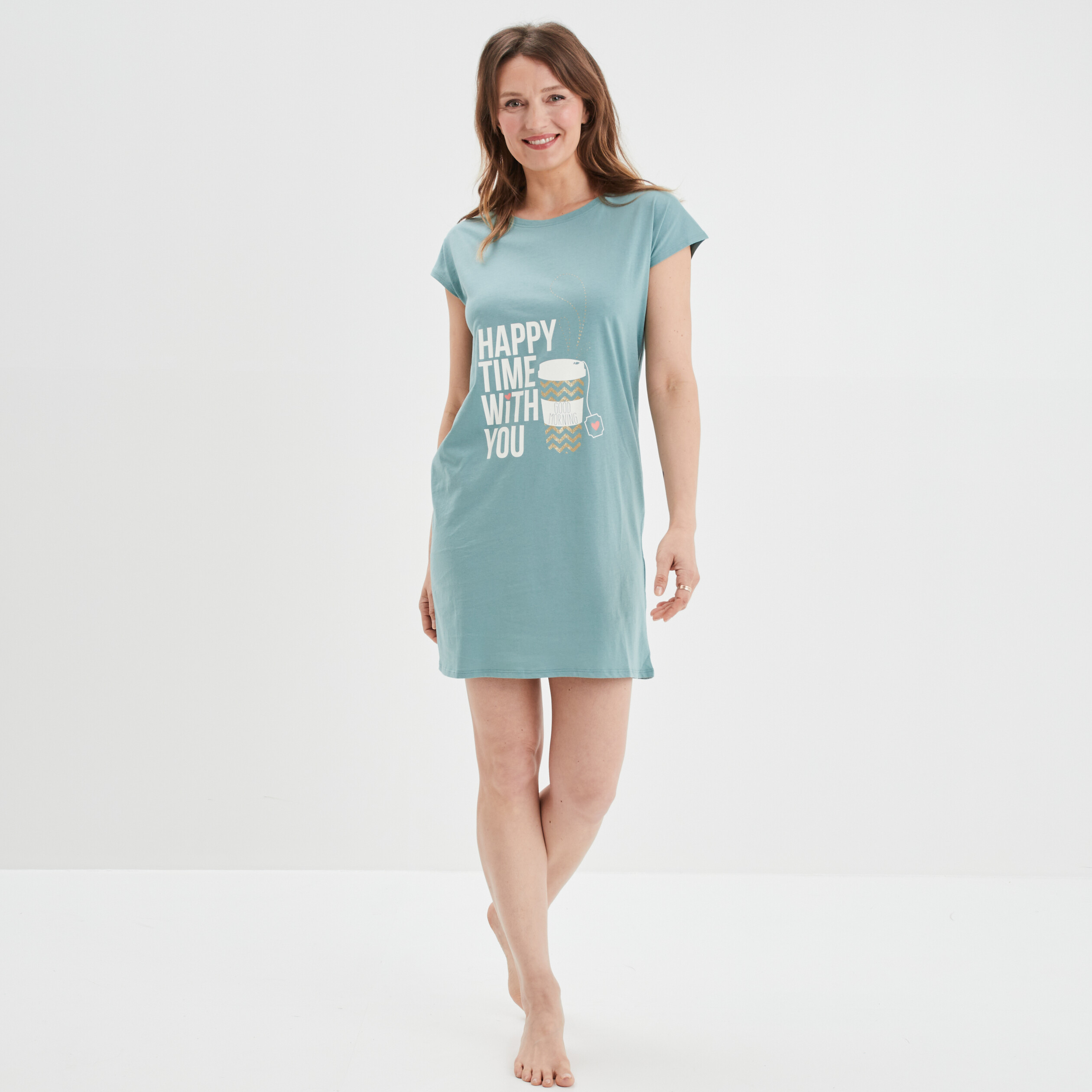 Chemise de nuit manches courtes coton bleu gris femme | La Halle