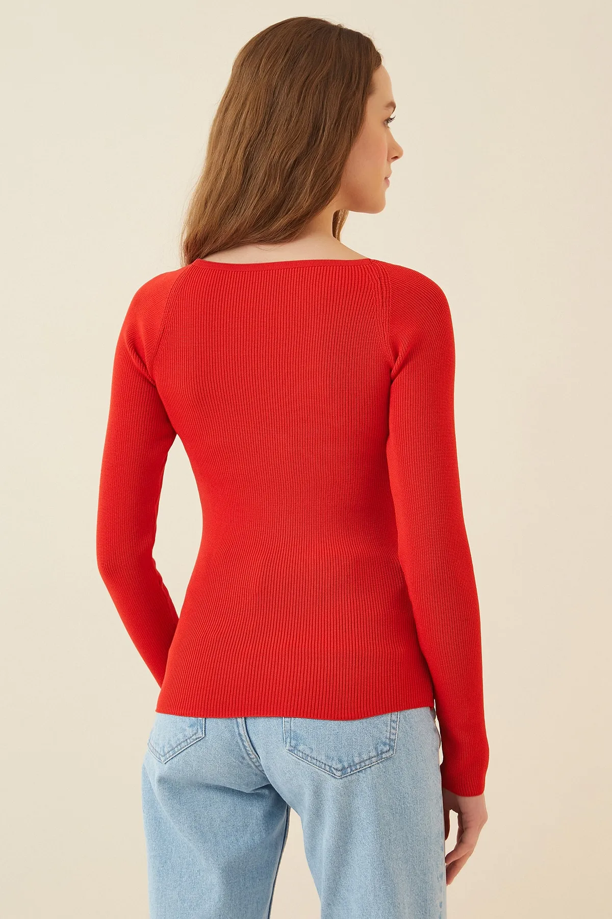 Happiness İstanbul  Roter Rippstrickpullover mit Herzkragen für Damen US00738