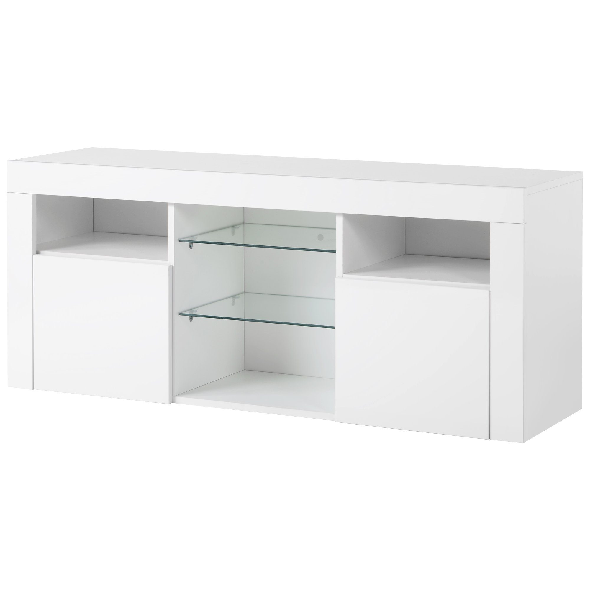 OKWISH TV-Schrank TV-Tisch, TV-Ständer mit 2 Schränken mit Türen und 5 offenen Regalen (Hochglanz-TV-Schrank Einstellbares LED-System, weiß 120*35*50cm Multifunktionale Aufbewahrung) TV-Möbel für bis zu 55 Zoll Fernseher