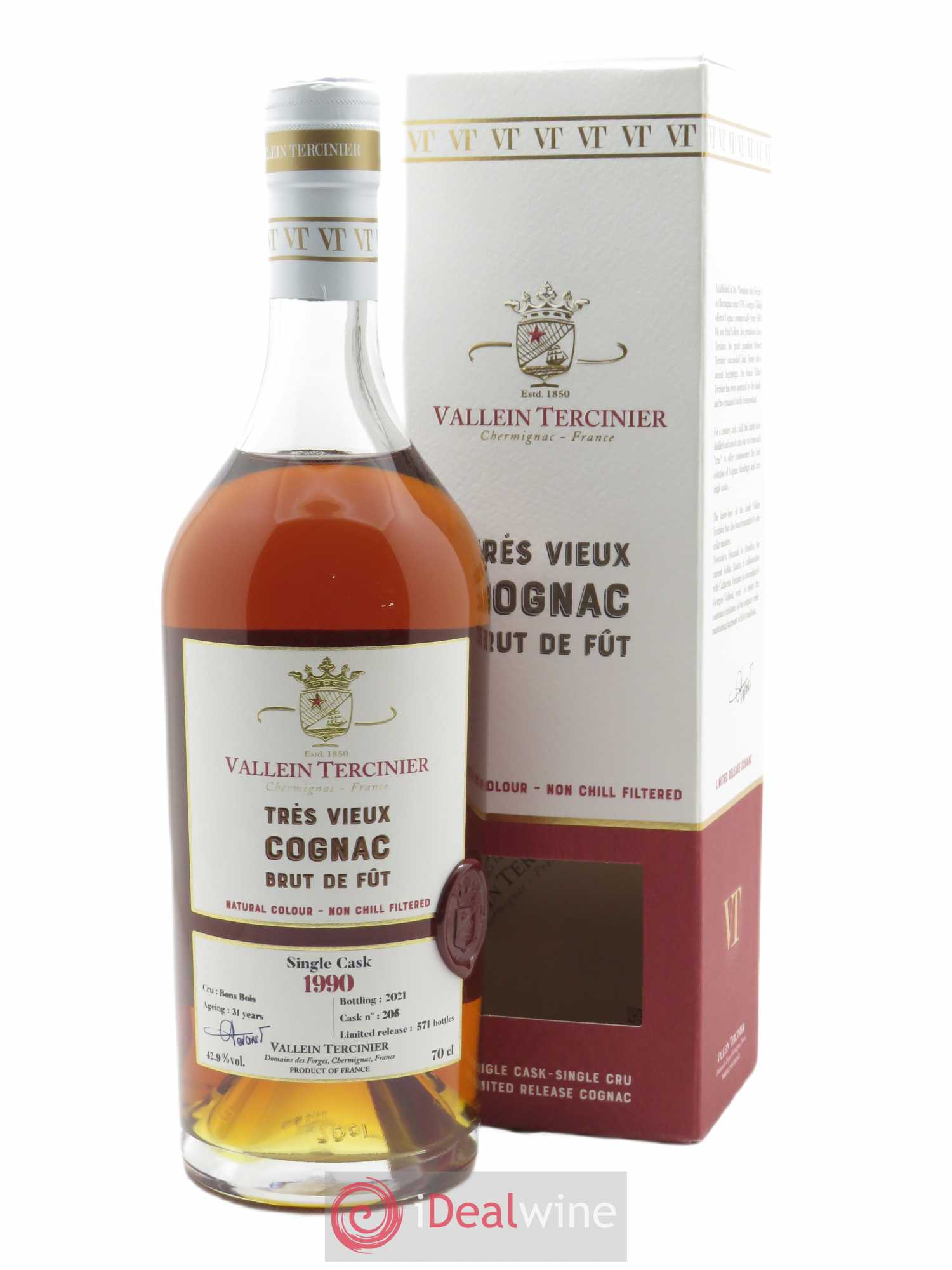 Cognac Vallein Tercinier Bons Bois (70cl) 1990 - Lot de 1 Bouteille