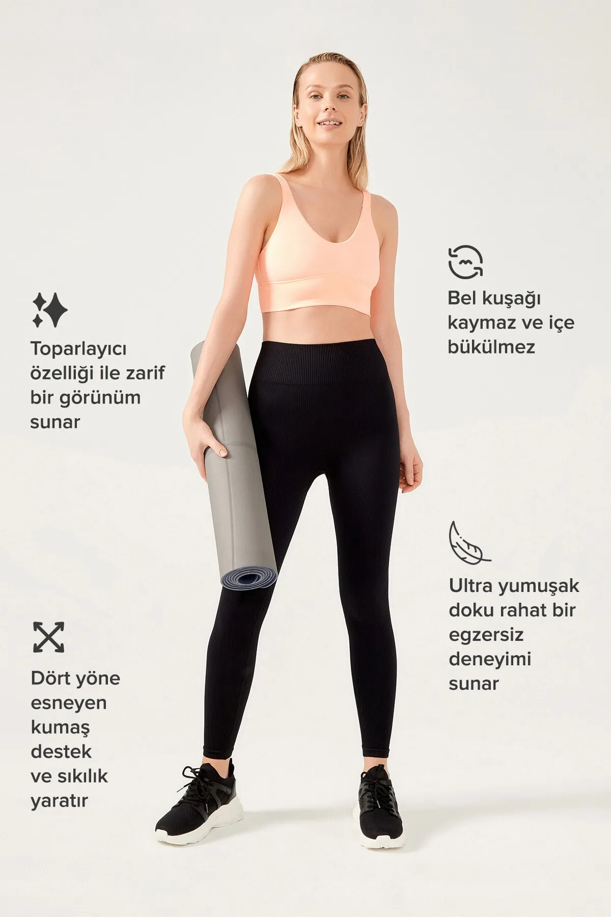 LOS OJOS  Schwarze, nahtlose, gerippte Fitness-Leggings mit hoher Taille für Damen