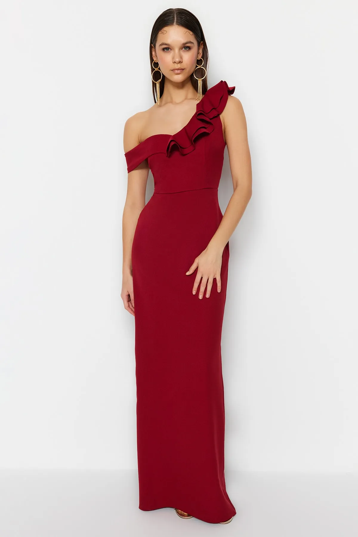 Trendyol Collection  Burgunderrotes langes Abendkleid mit Blumenmuster TPRSS23EL00208