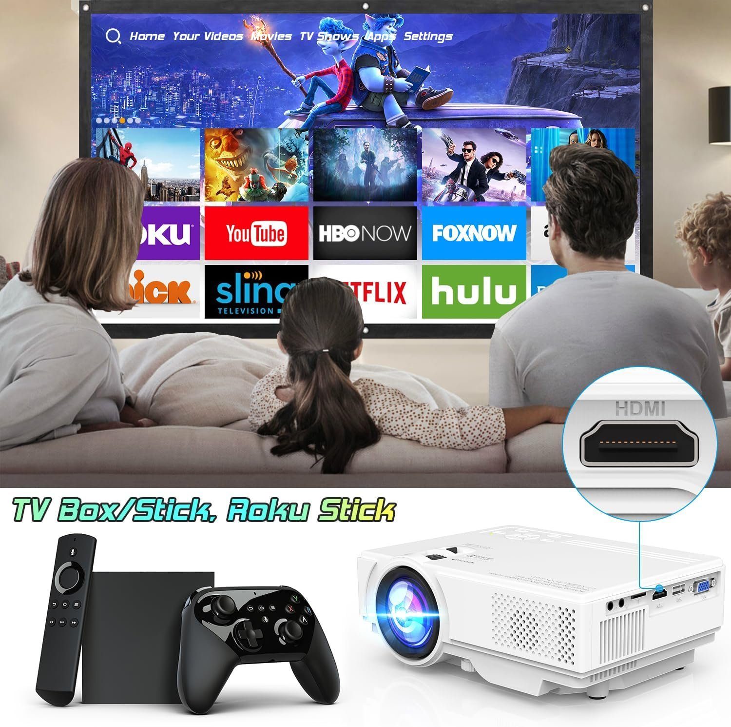 YOOYAA Full HD Unterstützt, Video Portabler Projektor (8500 lm, 1920 x 1080 px, Heimkino Beamer für Handy Phone, Tablet/Laptop/PC/TV-Box, HDMI, USB)