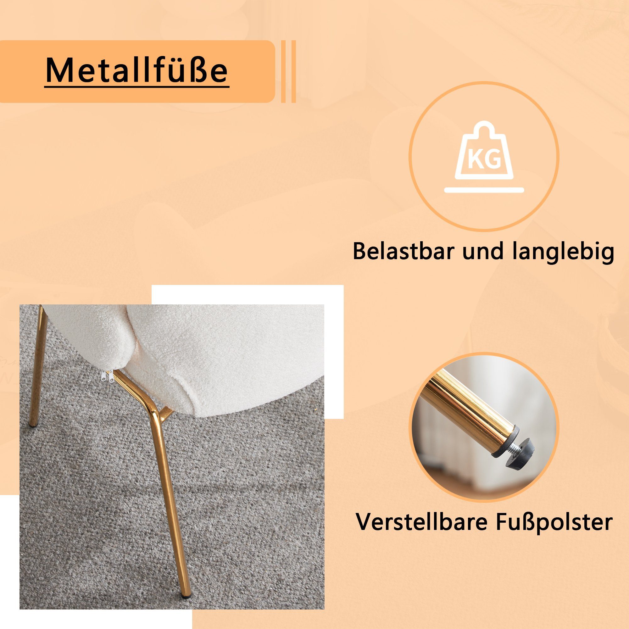 Ulife Polsterstuhl Freizeitstuhl Loungesessel Fernsehsessel Relaxsessel (einzelner Sofastuhl, Restaurant-Esszimmerstuhl), Teddy-Samt-Freizeitstuhl, Stuhl mit rosafarbenen Metallbeinen